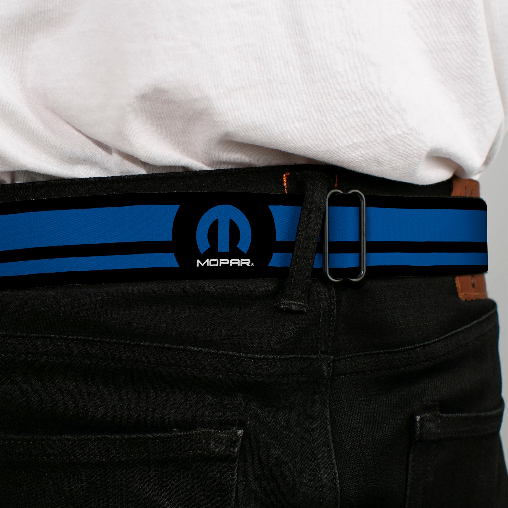MOPAR Logo Full Color Black Blue White Seatbelt Belt - MOPAR Logo/Stripe Black/Blue Webbing Seatbelt Belts Mopar