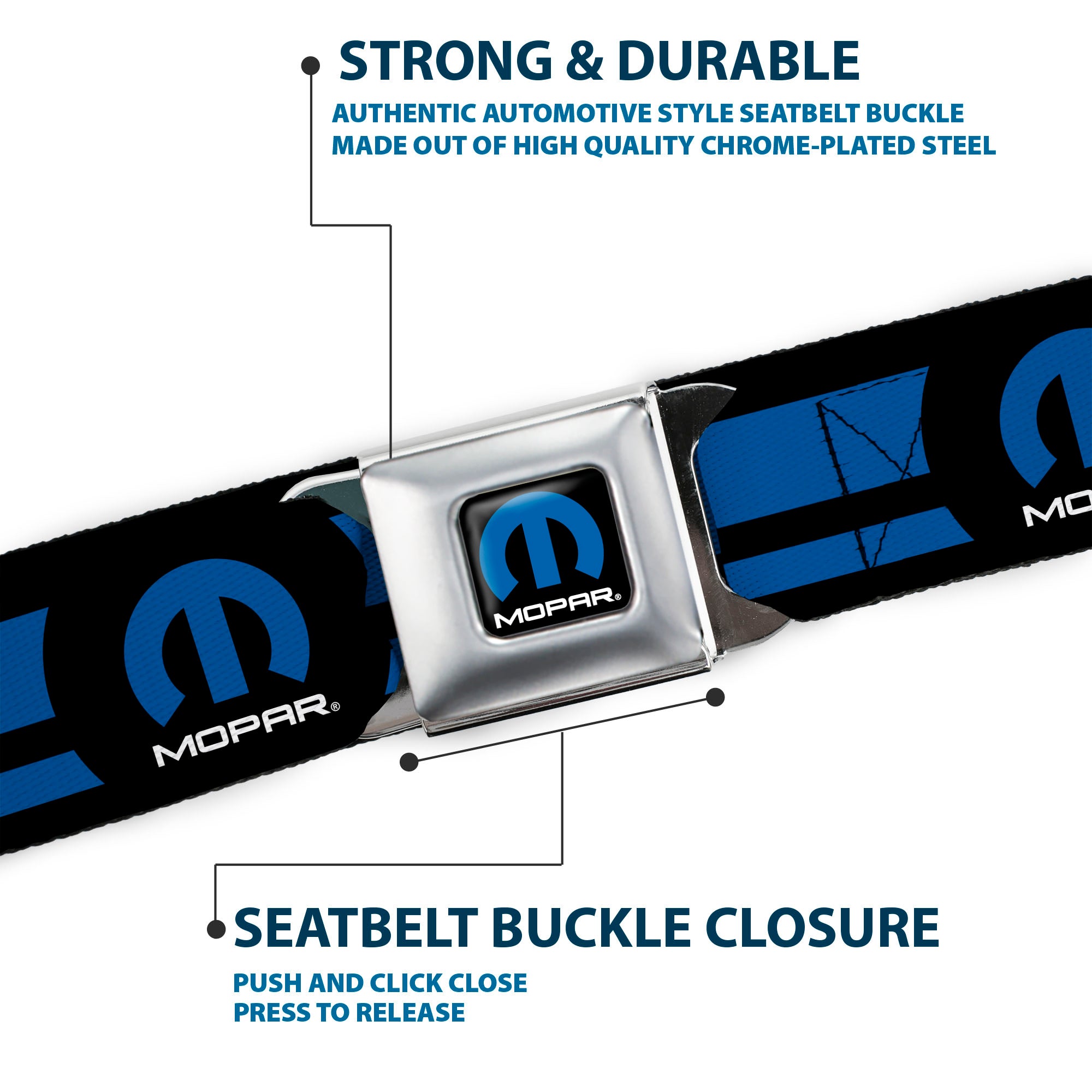 MOPAR Logo Full Color Black Blue White Seatbelt Belt - MOPAR Logo/Stripe Black/Blue Webbing Seatbelt Belts Mopar