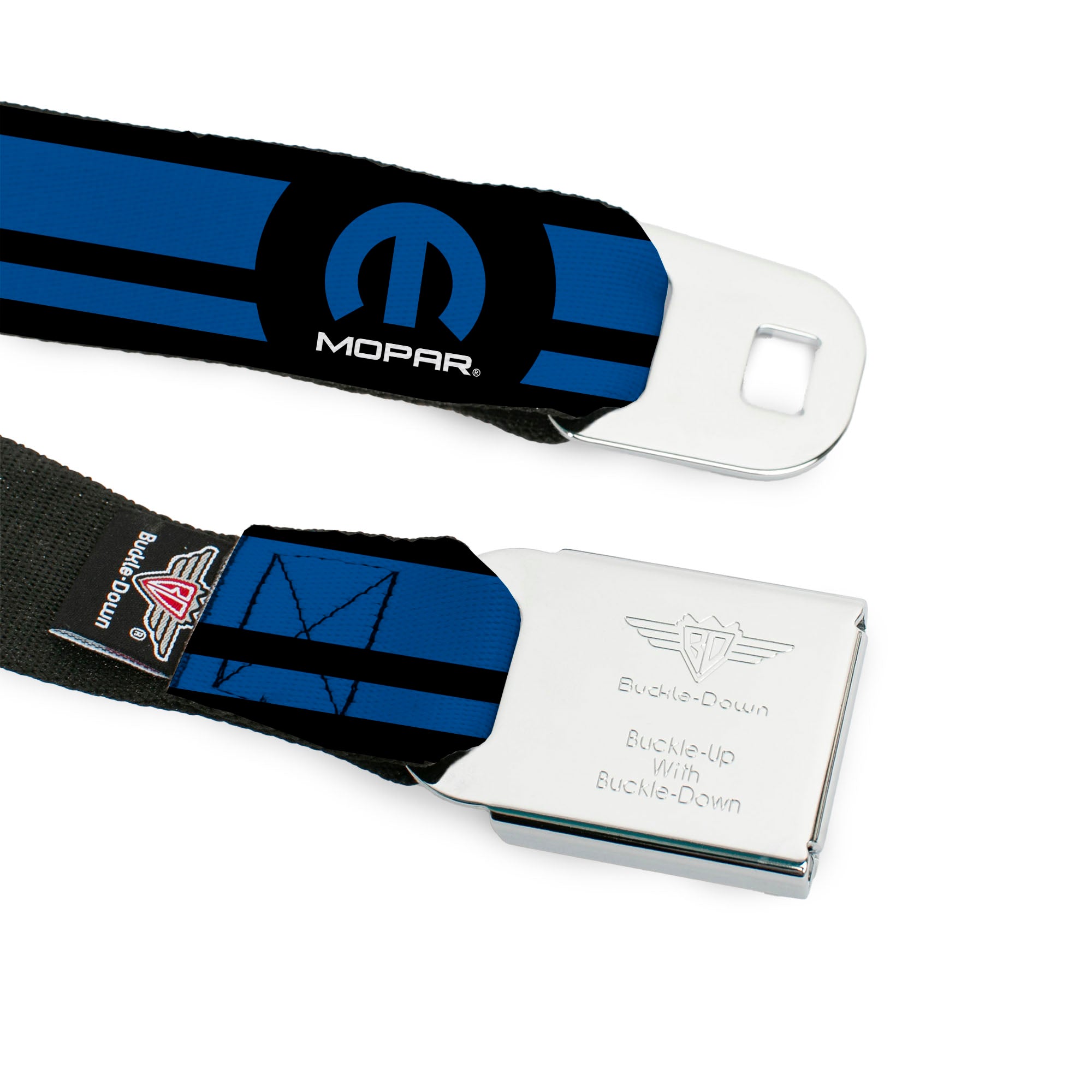 MOPAR Logo Full Color Black Blue White Seatbelt Belt - MOPAR Logo/Stripe Black/Blue Webbing Seatbelt Belts Mopar