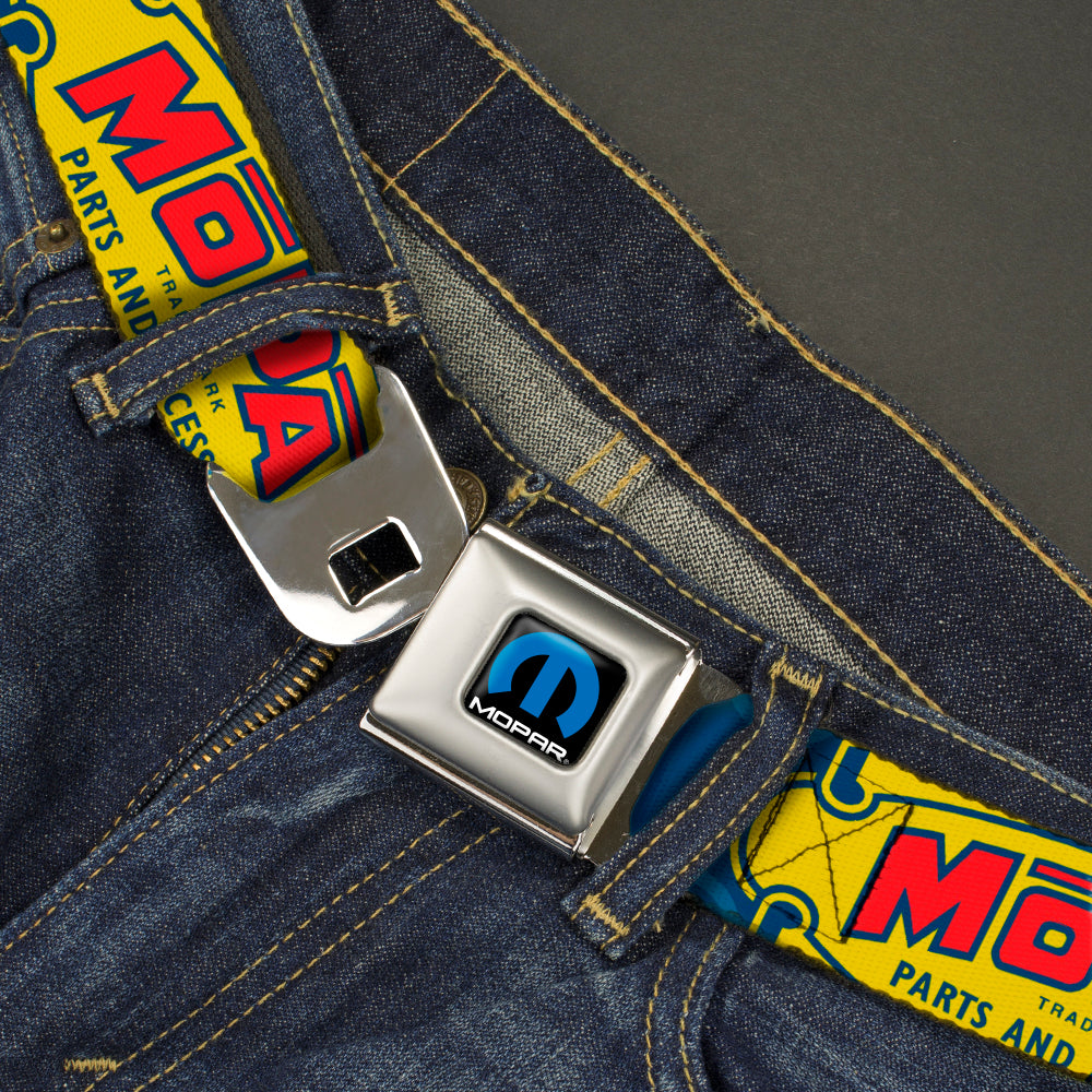 MOPAR Logo Full Color Black/Blue/White Seatbelt Belt - MOPAR 1937-1947 Logo-USE CHRYSLER ENGINEERED MOPAR PARTS AND ACCESSORIES Blue/Yellow/Red Webbing Seatbelt Belts Mopar