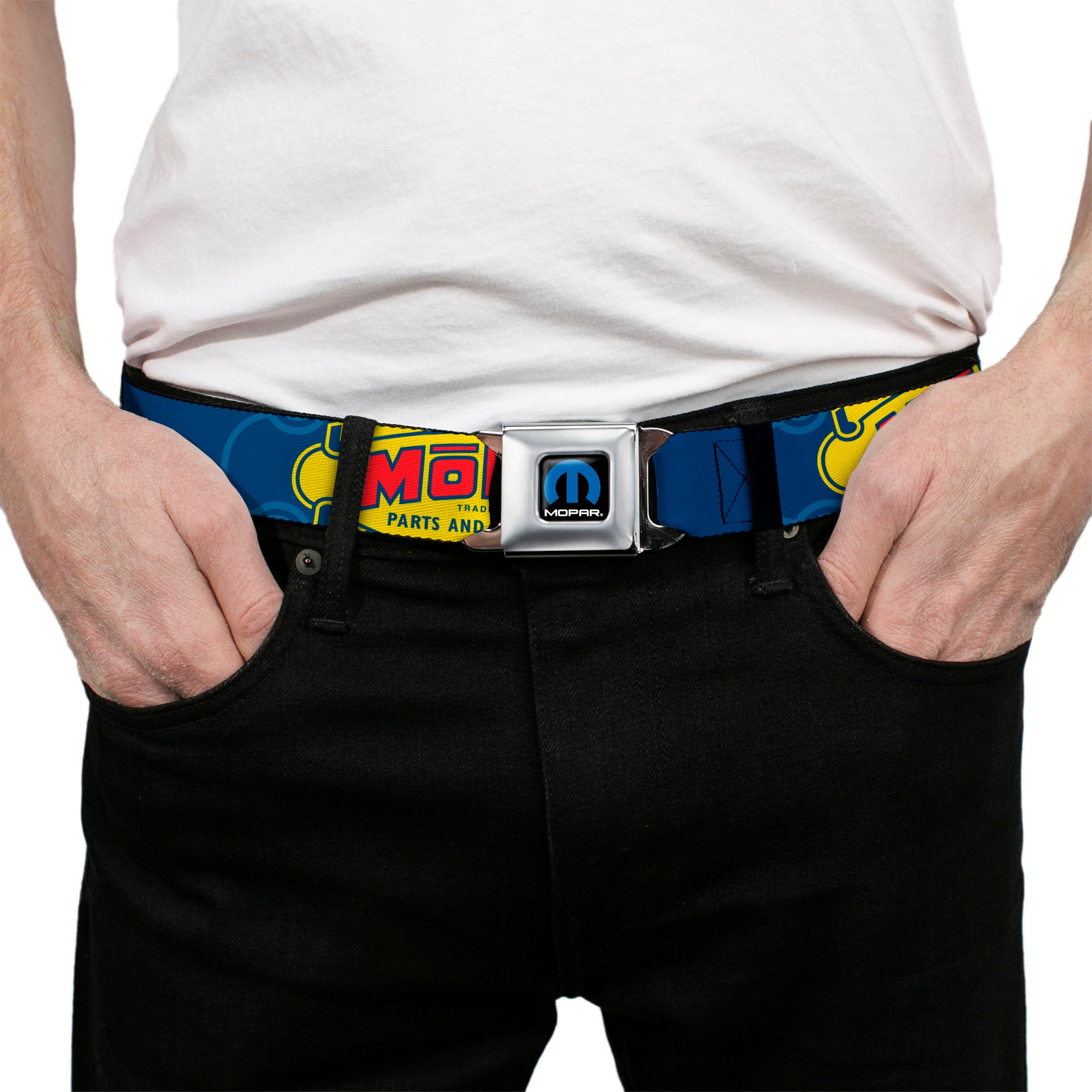 MOPAR Logo Full Color Black/Blue/White Seatbelt Belt - MOPAR 1937-1947 Logo-USE CHRYSLER ENGINEERED MOPAR PARTS AND ACCESSORIES Blue/Yellow/Red Webbing Seatbelt Belts Mopar