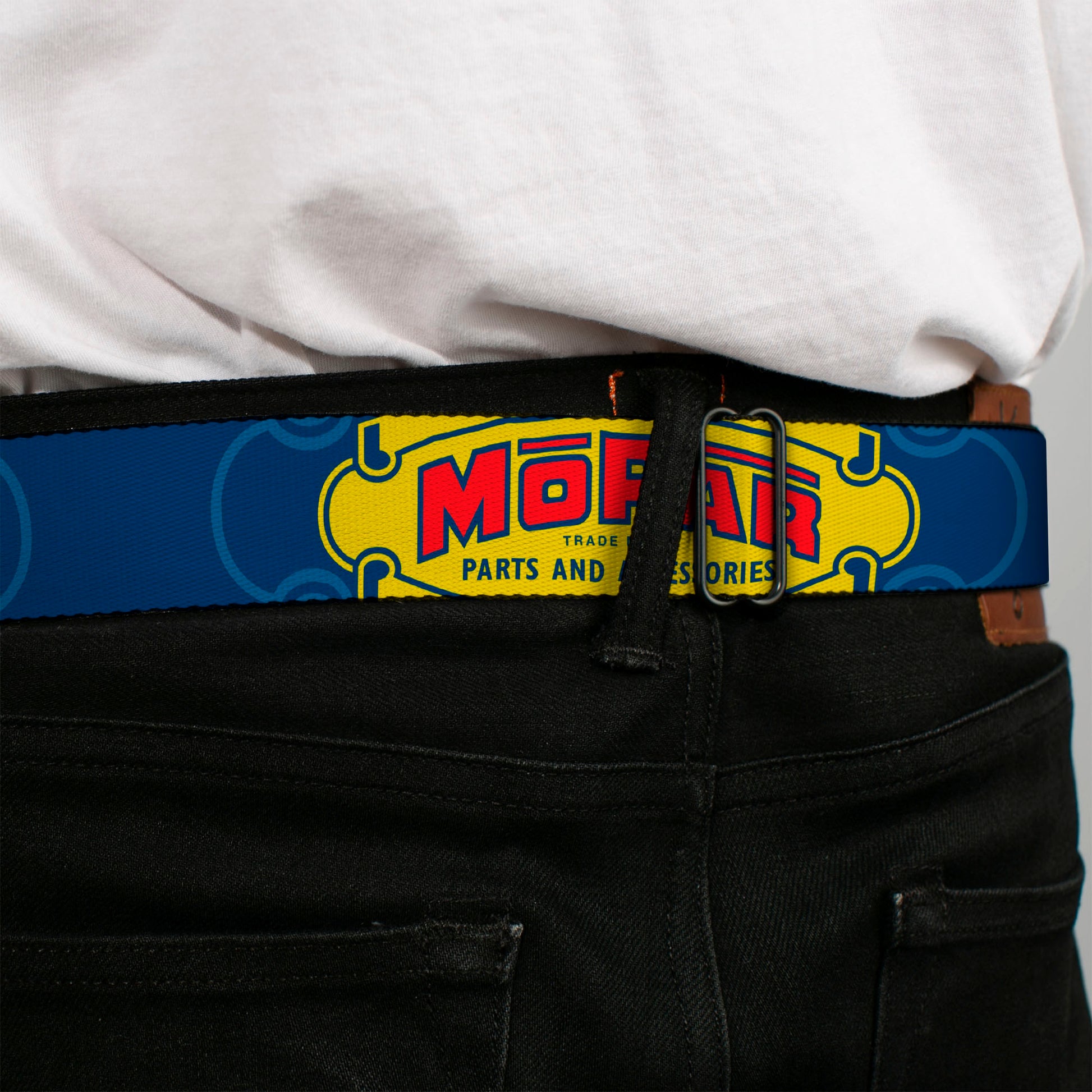 MOPAR Logo Full Color Black/Blue/White Seatbelt Belt - MOPAR 1937-1947 Logo-USE CHRYSLER ENGINEERED MOPAR PARTS AND ACCESSORIES Blue/Yellow/Red Webbing Seatbelt Belts Mopar