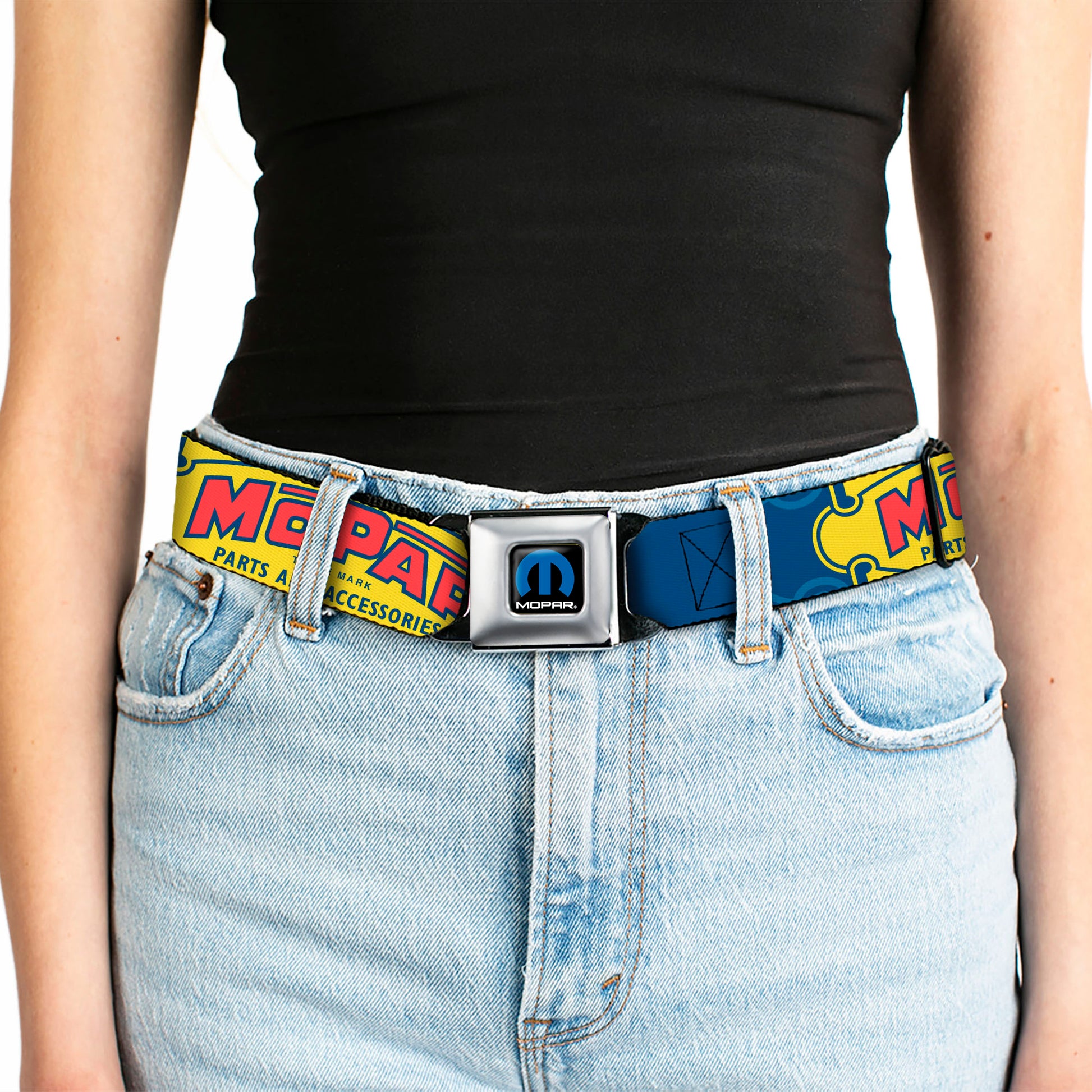 MOPAR Logo Full Color Black/Blue/White Seatbelt Belt - MOPAR 1937-1947 Logo-USE CHRYSLER ENGINEERED MOPAR PARTS AND ACCESSORIES Blue/Yellow/Red Webbing Seatbelt Belts Mopar