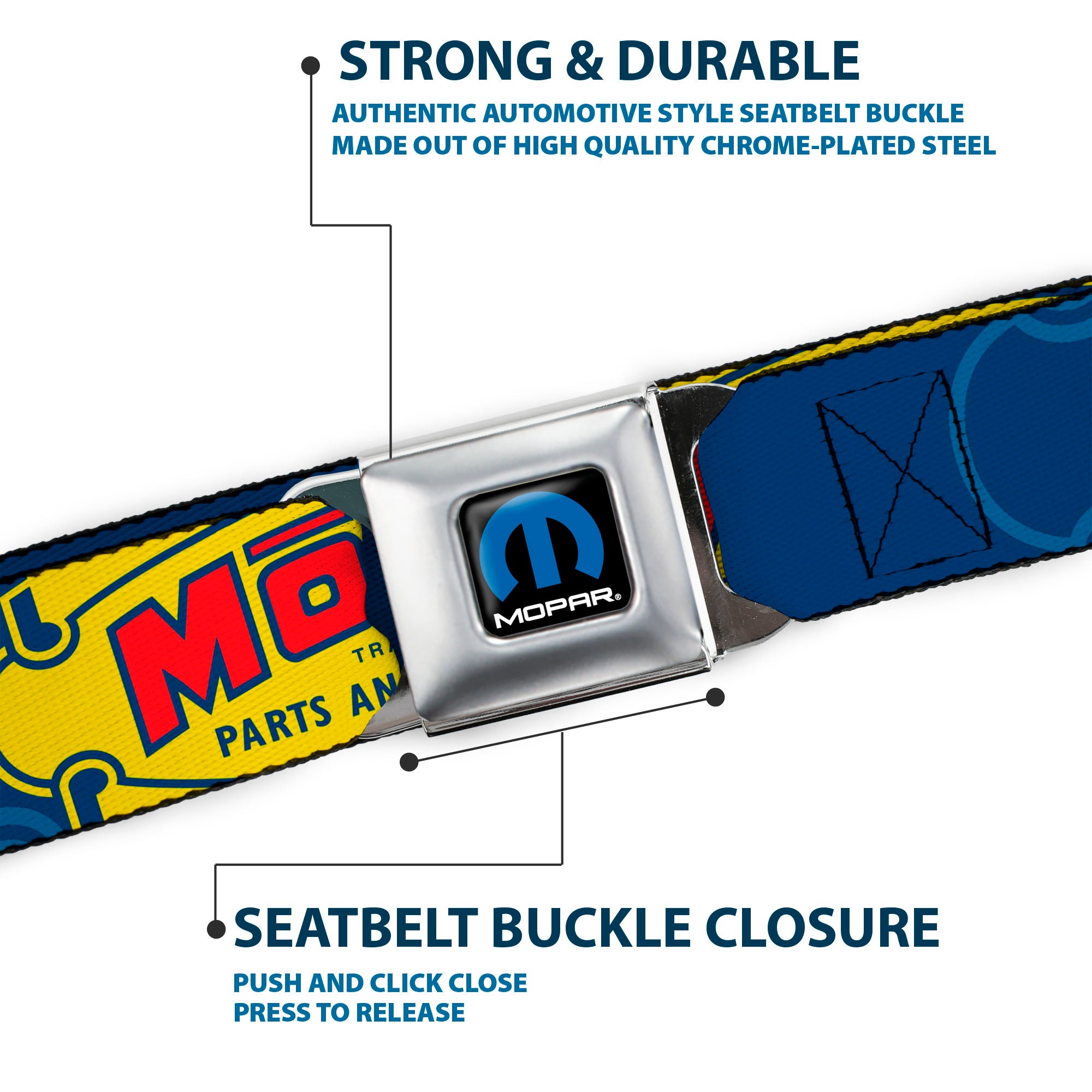 MOPAR Logo Full Color Black/Blue/White Seatbelt Belt - MOPAR 1937-1947 Logo-USE CHRYSLER ENGINEERED MOPAR PARTS AND ACCESSORIES Blue/Yellow/Red Webbing Seatbelt Belts Mopar