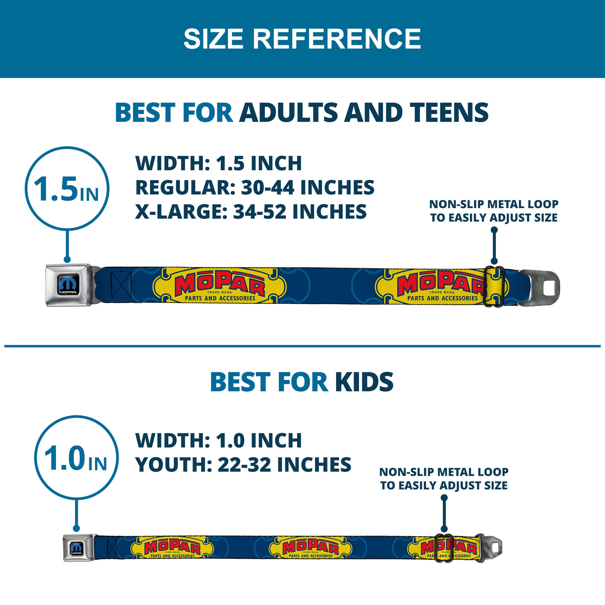 MOPAR Logo Full Color Black/Blue/White Seatbelt Belt - MOPAR 1937-1947 Logo-USE CHRYSLER ENGINEERED MOPAR PARTS AND ACCESSORIES Blue/Yellow/Red Webbing Seatbelt Belts Mopar