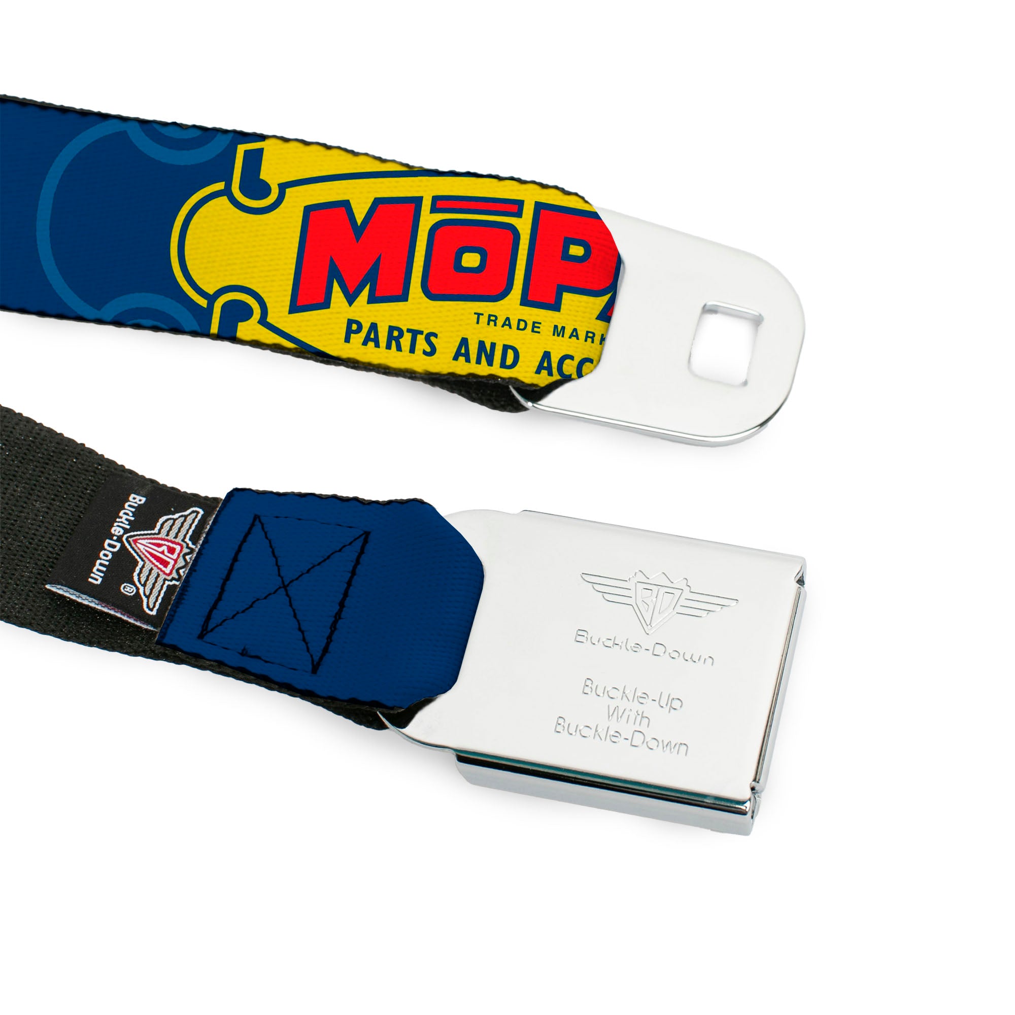 MOPAR Logo Full Color Black/Blue/White Seatbelt Belt - MOPAR 1937-1947 Logo-USE CHRYSLER ENGINEERED MOPAR PARTS AND ACCESSORIES Blue/Yellow/Red Webbing Seatbelt Belts Mopar