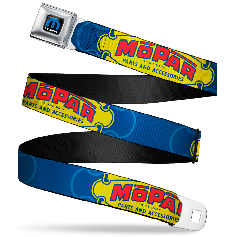 MOPAR Logo Full Color Black/Blue/White Seatbelt Belt - MOPAR 1937-1947 Logo-USE CHRYSLER ENGINEERED MOPAR PARTS AND ACCESSORIES Blue/Yellow/Red Webbing Seatbelt Belts Mopar