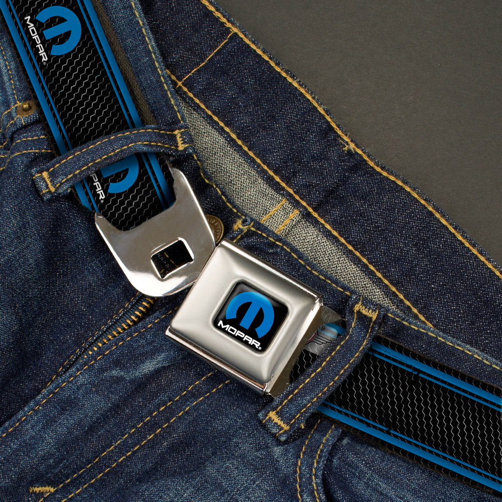 MOPAR Logo Full Color Black Blue White Seatbelt Belt - MOPAR Logo/Stripe/Grill Black/Grays/Blues Webbing Seatbelt Belts Mopar