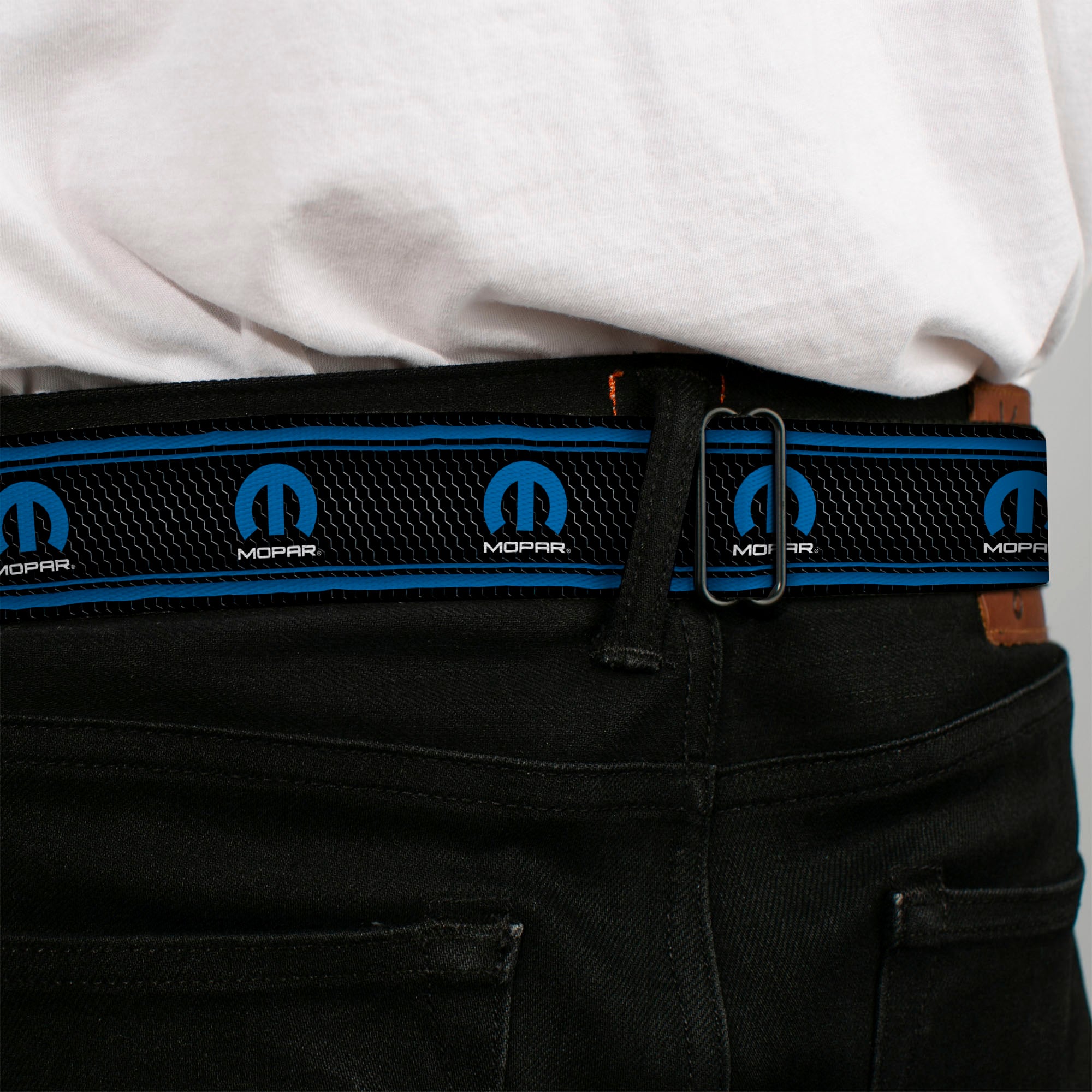 MOPAR Logo Full Color Black Blue White Seatbelt Belt - MOPAR Logo/Stripe/Grill Black/Grays/Blues Webbing Seatbelt Belts Mopar