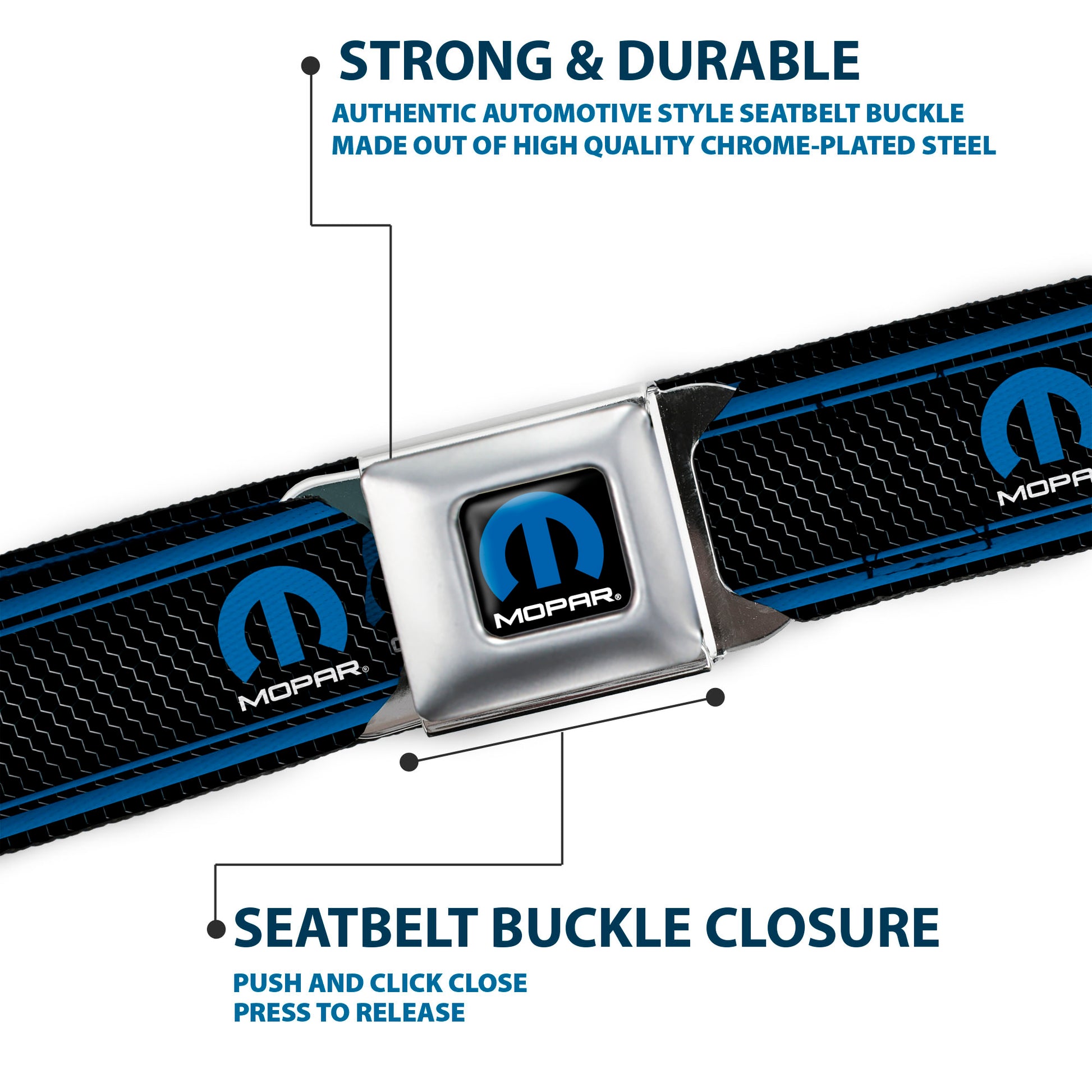 MOPAR Logo Full Color Black Blue White Seatbelt Belt - MOPAR Logo/Stripe/Grill Black/Grays/Blues Webbing Seatbelt Belts Mopar