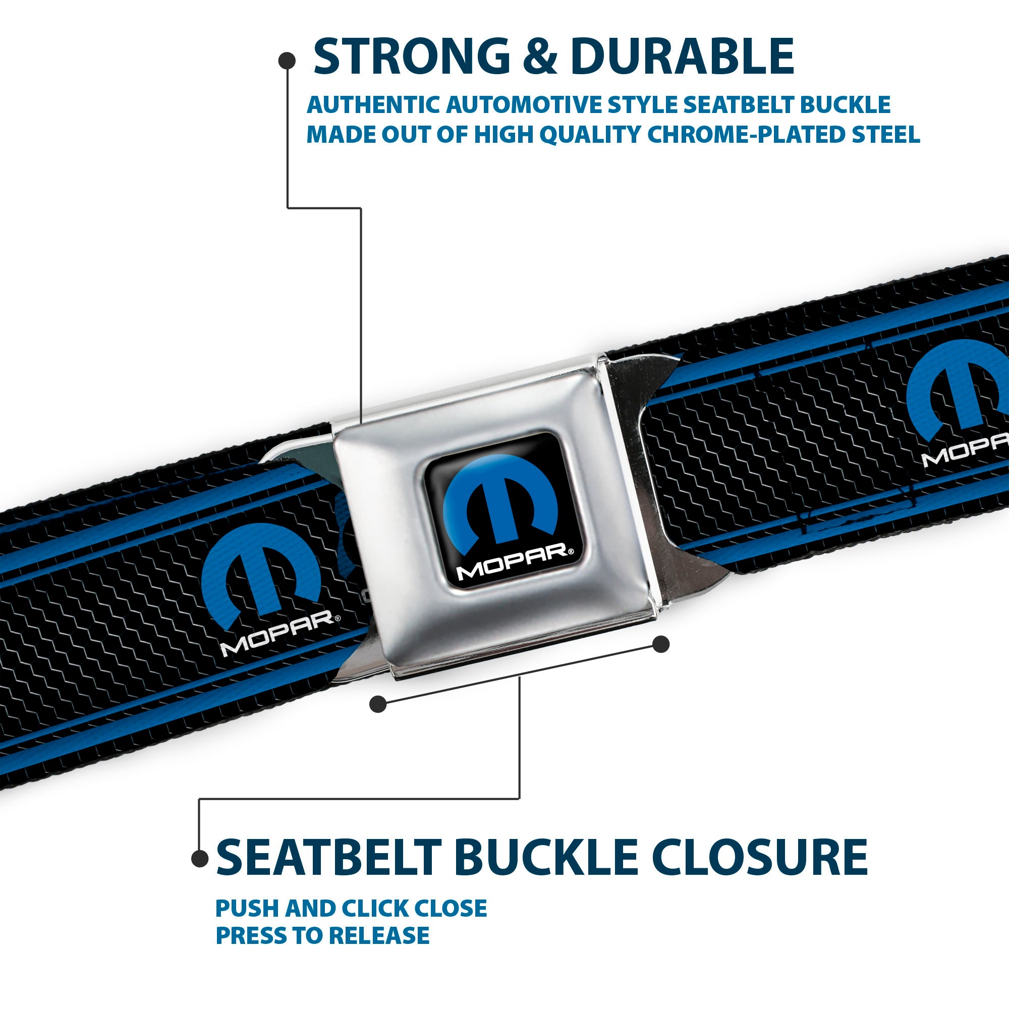 MOPAR Logo Full Color Black Blue White Seatbelt Belt - MOPAR Logo/Stripe/Grill Black/Grays/Blues Webbing Seatbelt Belts Mopar