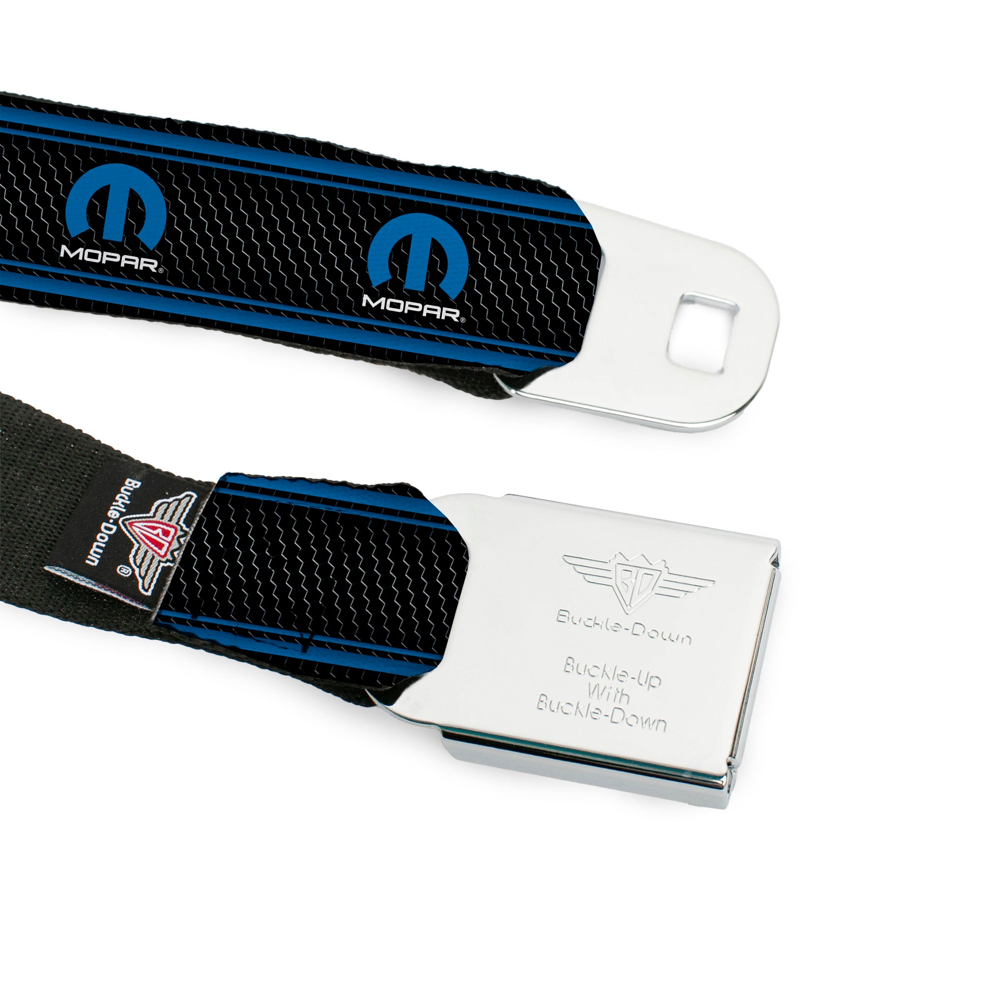 MOPAR Logo Full Color Black Blue White Seatbelt Belt - MOPAR Logo/Stripe/Grill Black/Grays/Blues Webbing Seatbelt Belts Mopar
