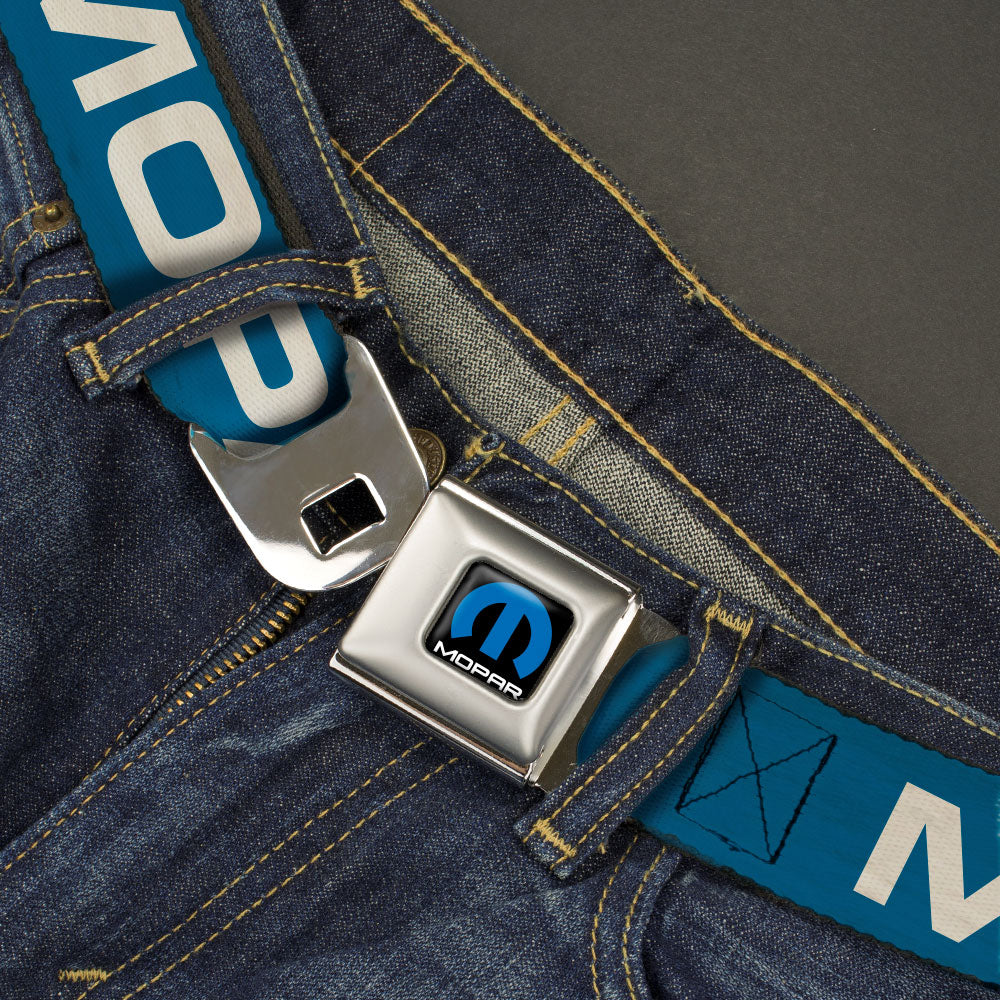MOPAR Logo Full Color Black/Blue/White Seatbelt Belt - MOPAR Text Blue/White Webbing Seatbelt Belts Mopar