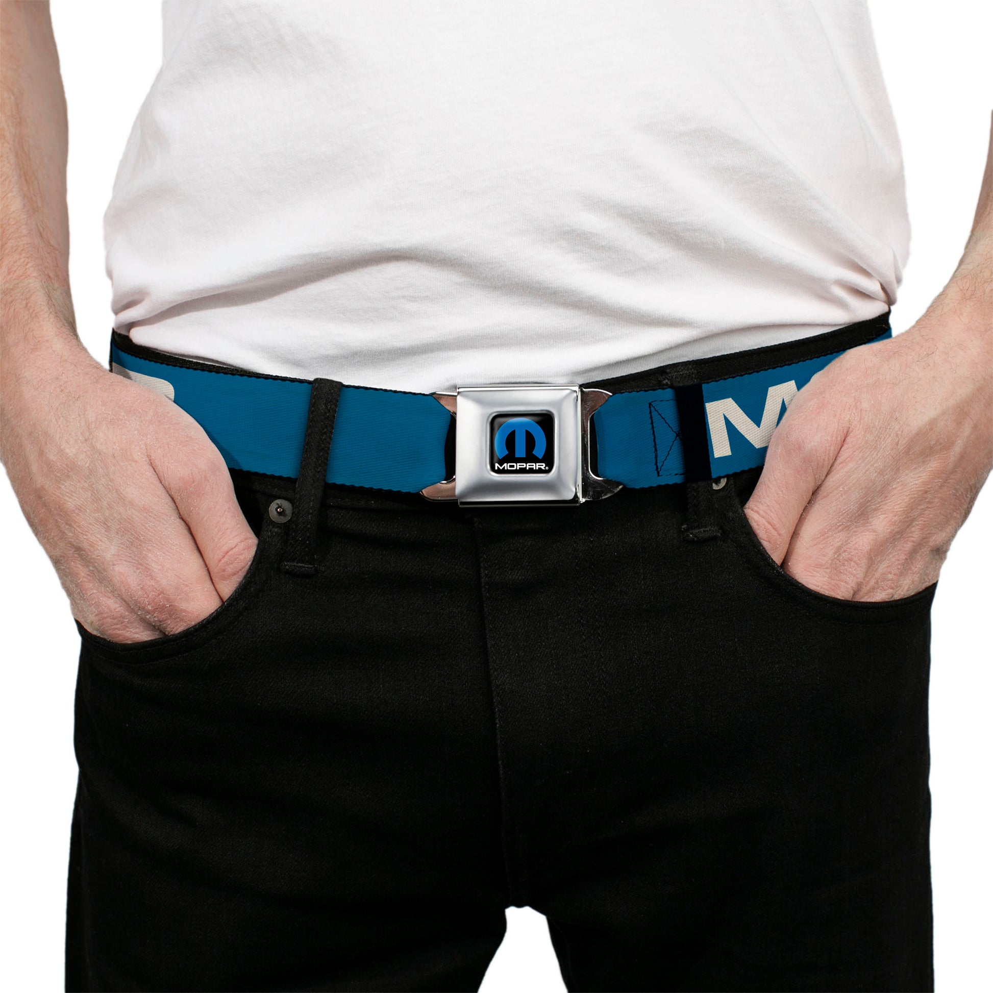 MOPAR Logo Full Color Black/Blue/White Seatbelt Belt - MOPAR Text Blue/White Webbing Seatbelt Belts Mopar