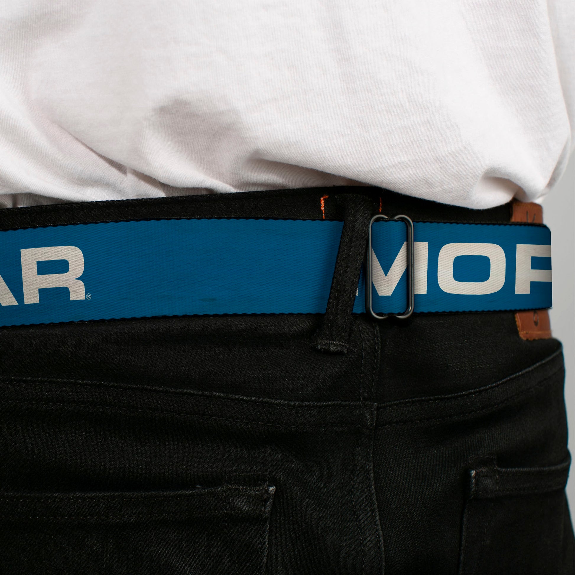 MOPAR Logo Full Color Black/Blue/White Seatbelt Belt - MOPAR Text Blue/White Webbing Seatbelt Belts Mopar