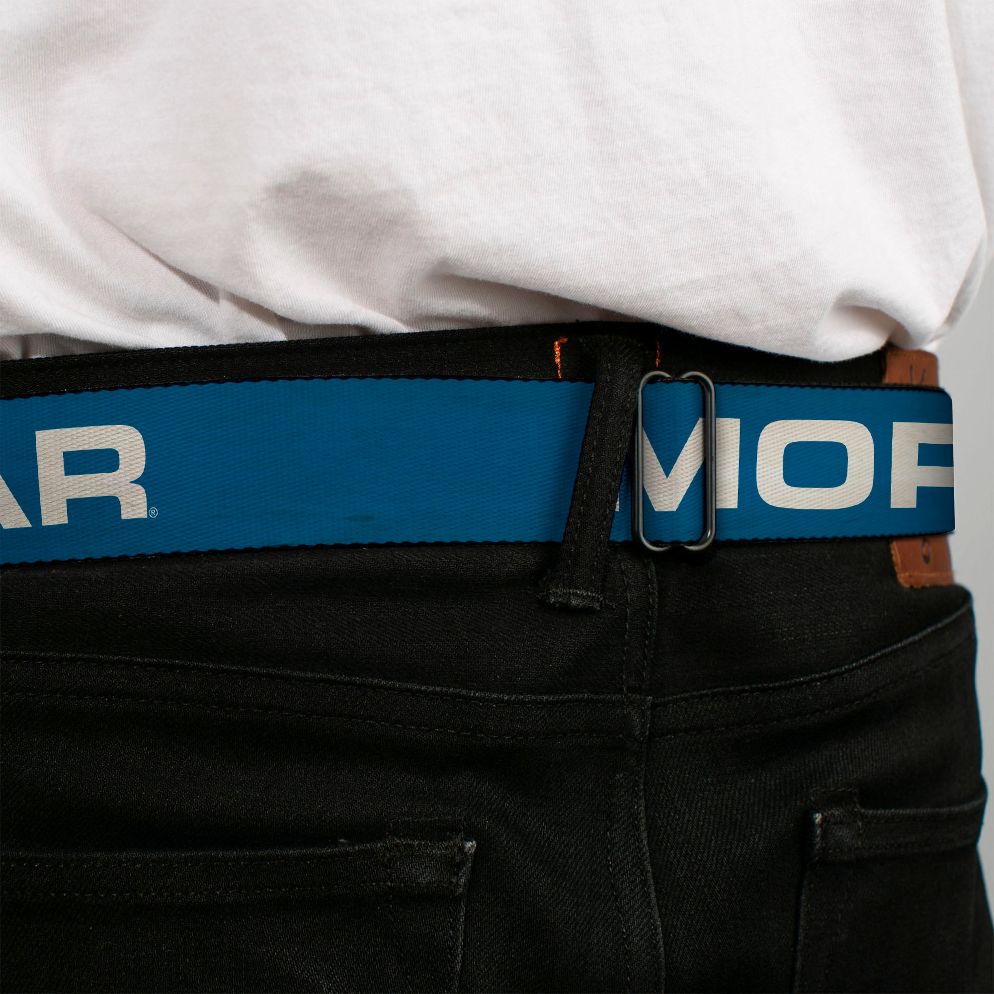 MOPAR Logo Full Color Black/Blue/White Seatbelt Belt - MOPAR Text Blue/White Webbing Seatbelt Belts Mopar