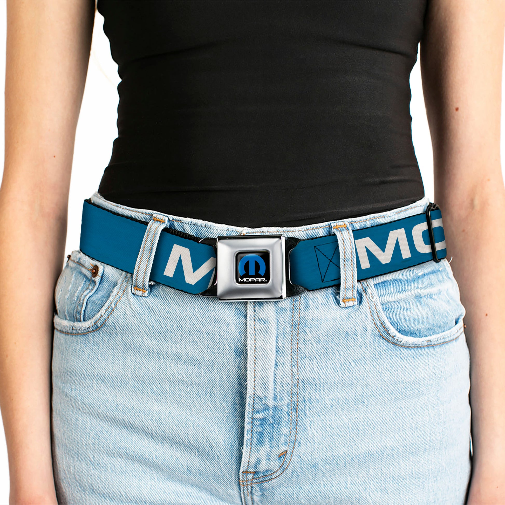 MOPAR Logo Full Color Black/Blue/White Seatbelt Belt - MOPAR Text Blue/White Webbing Seatbelt Belts Mopar