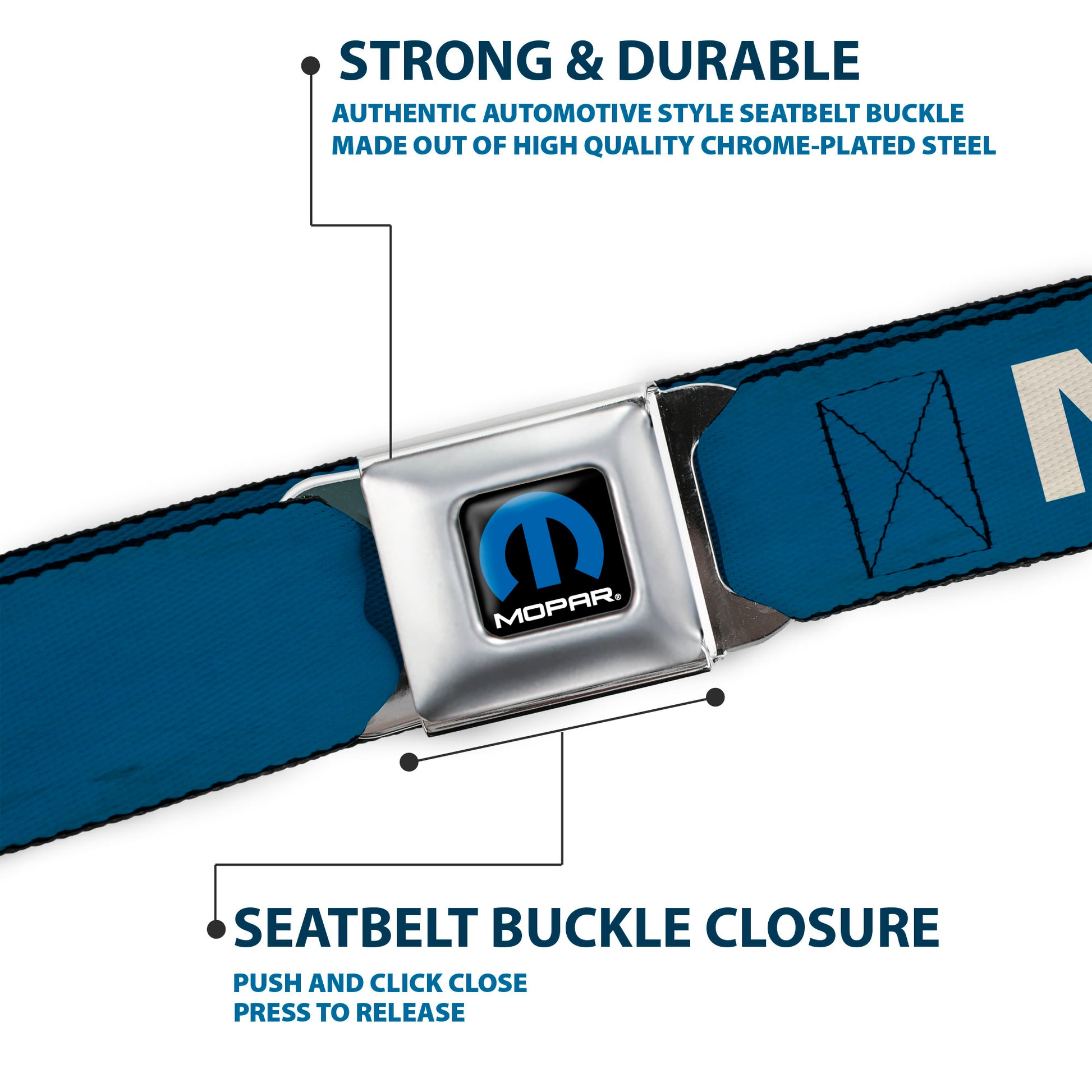 MOPAR Logo Full Color Black/Blue/White Seatbelt Belt - MOPAR Text Blue/White Webbing Seatbelt Belts Mopar