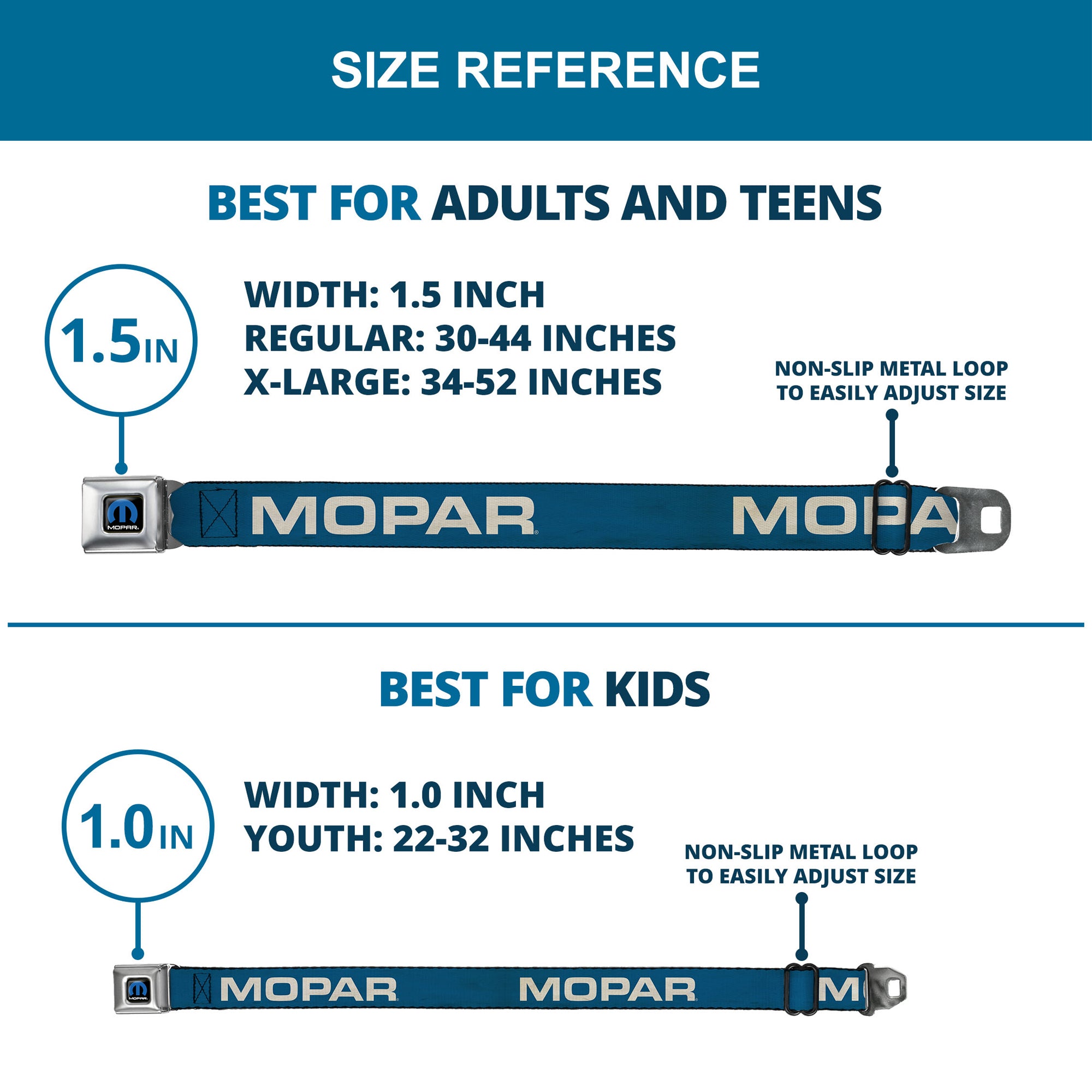 MOPAR Logo Full Color Black/Blue/White Seatbelt Belt - MOPAR Text Blue/White Webbing Seatbelt Belts Mopar