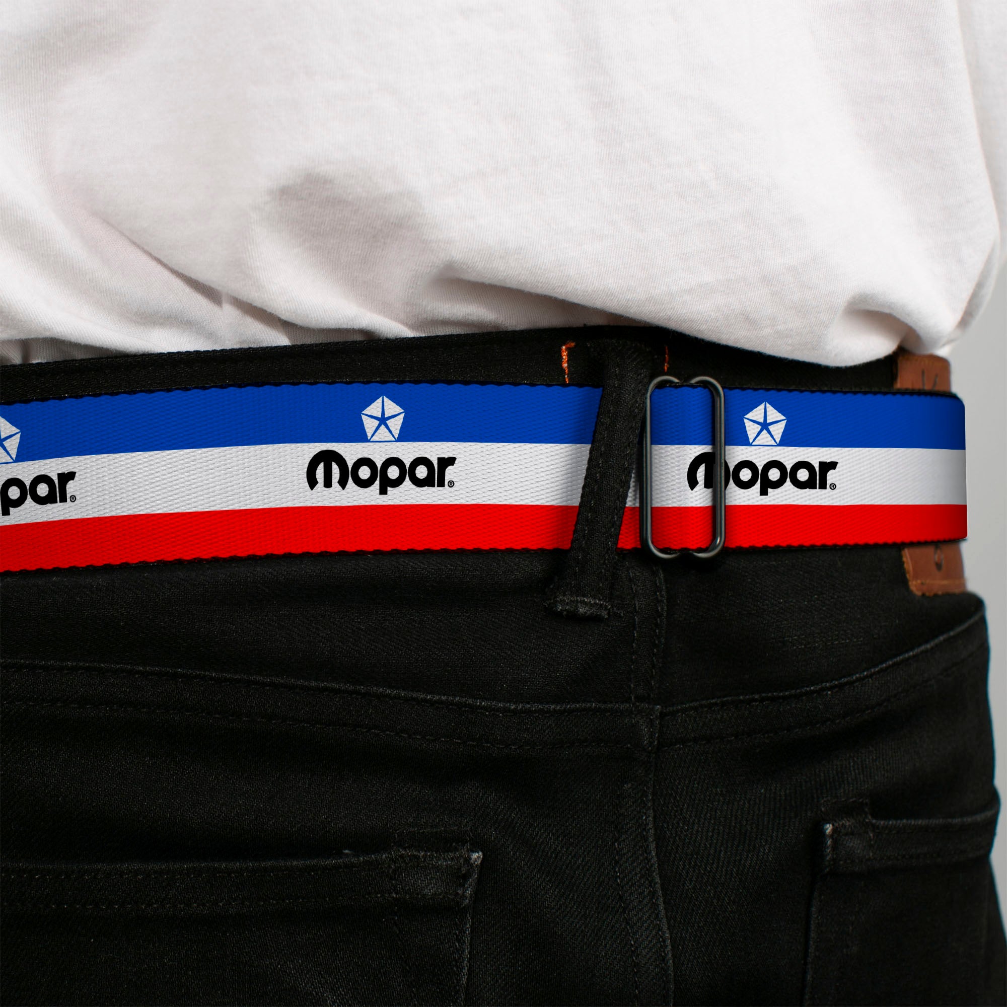 MOPAR Chrysler Logo Full Color White/Blue/Red/Black Seatbelt Belt - MOPAR Logo/Stripe Blue/White/Red Webbing Seatbelt Belts Mopar