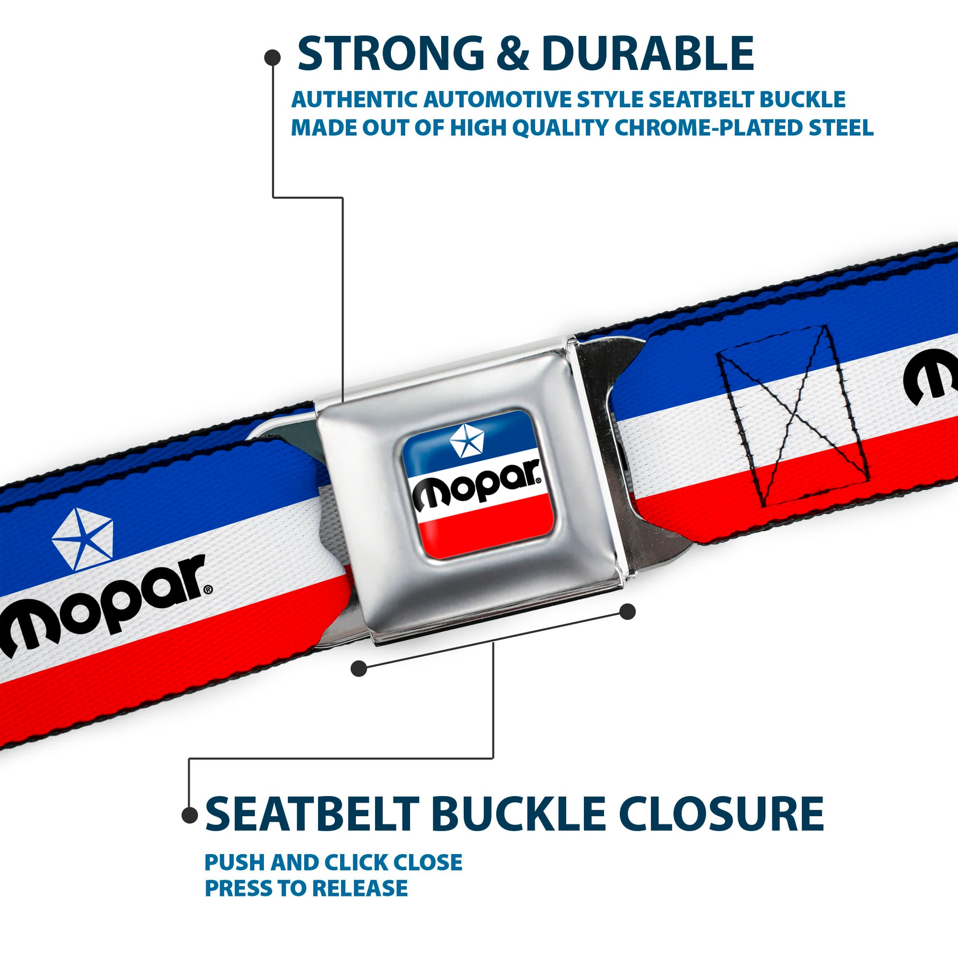 MOPAR Chrysler Logo Full Color White/Blue/Red/Black Seatbelt Belt - MOPAR Logo/Stripe Blue/White/Red Webbing Seatbelt Belts Mopar
