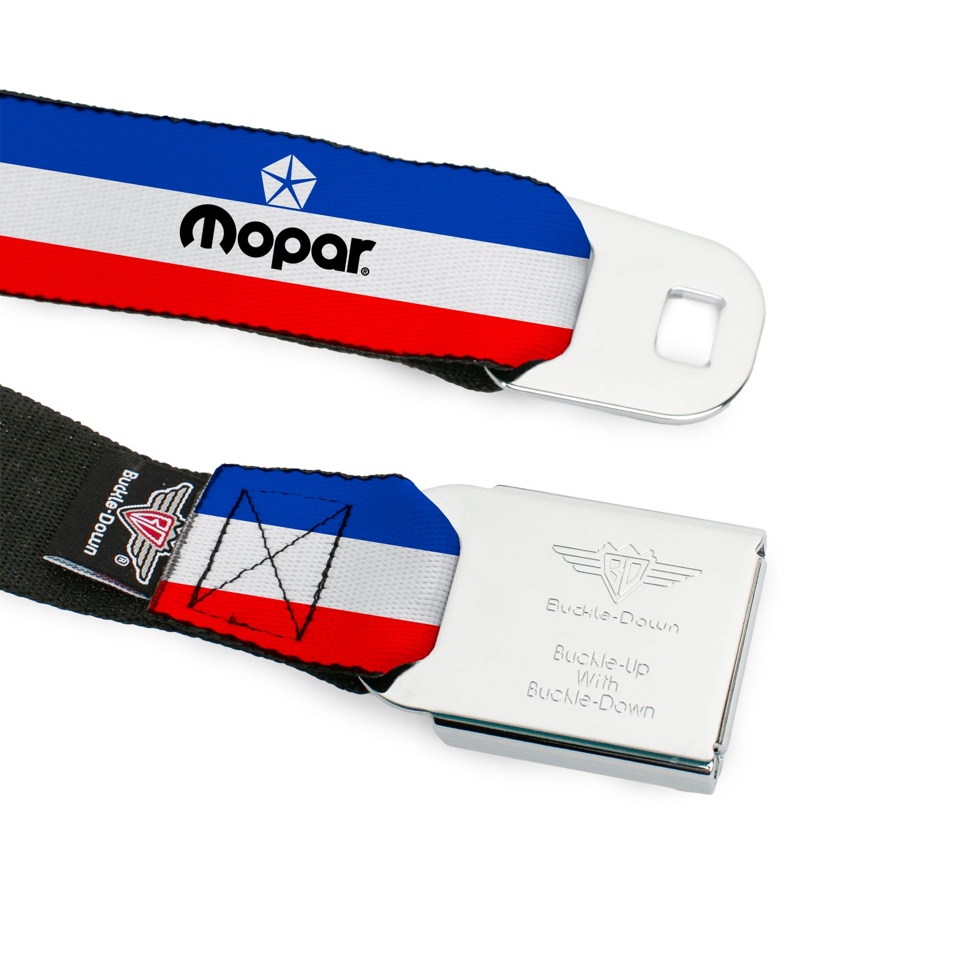 MOPAR Chrysler Logo Full Color White/Blue/Red/Black Seatbelt Belt - MOPAR Logo/Stripe Blue/White/Red Webbing Seatbelt Belts Mopar
