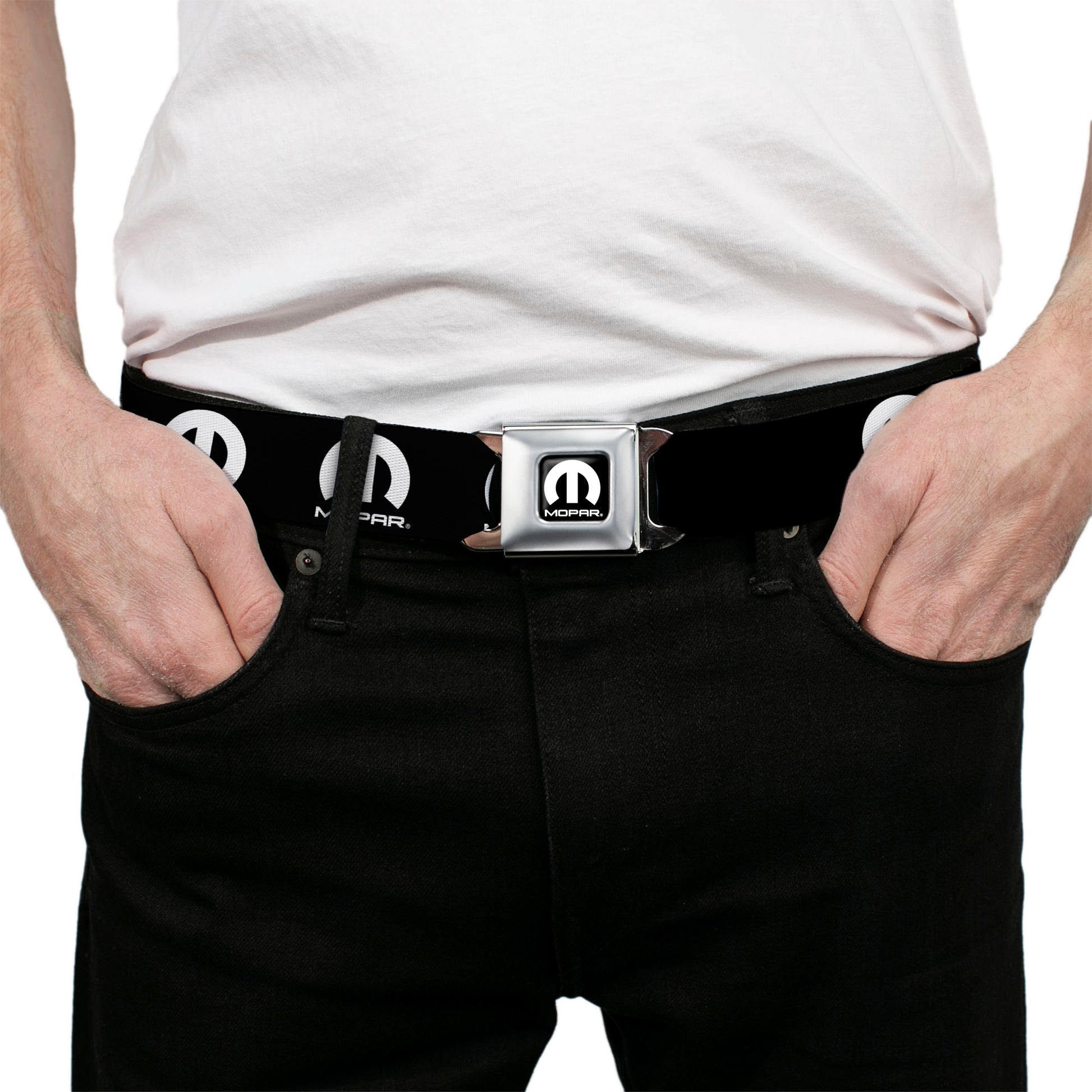 MOPAR Logo Full Color Black/White Seatbelt Belt - MOPAR Logo Repeat Black/White Webbing Seatbelt Belts Mopar
