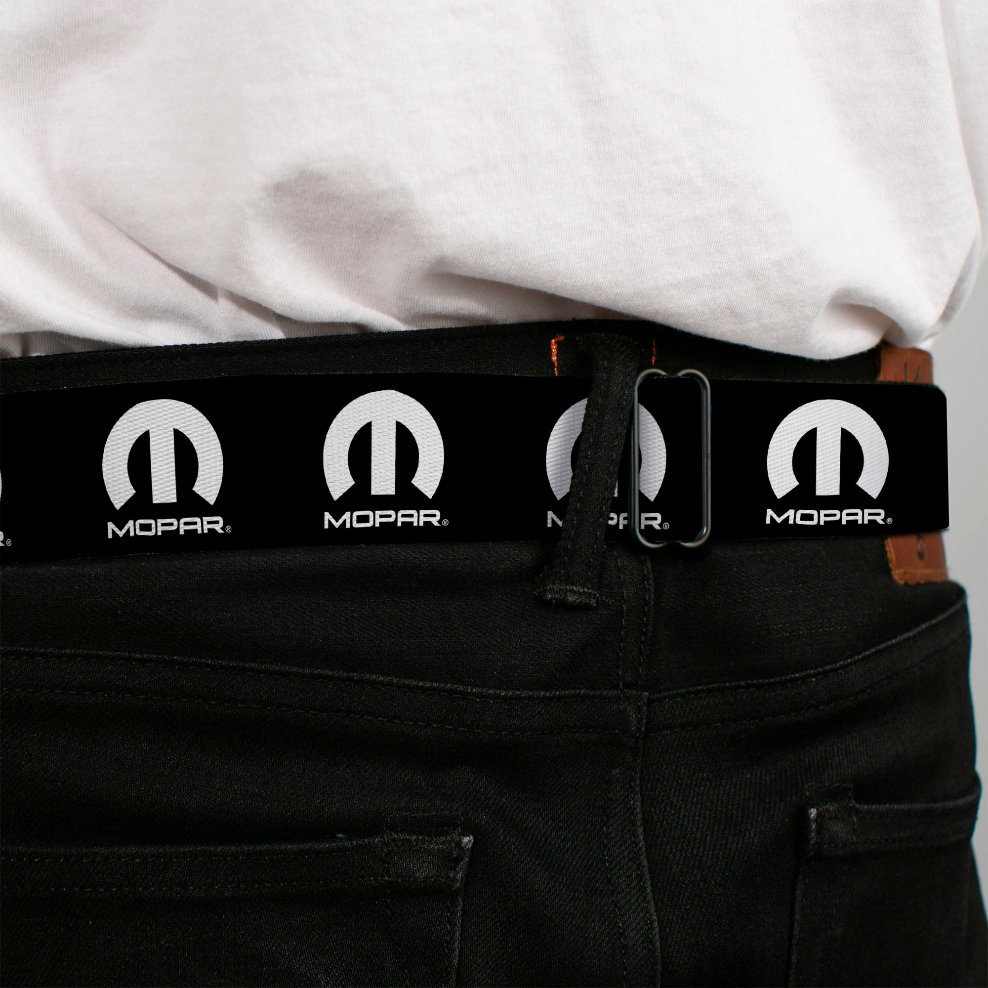 MOPAR Logo Full Color Black/White Seatbelt Belt - MOPAR Logo Repeat Black/White Webbing Seatbelt Belts Mopar
