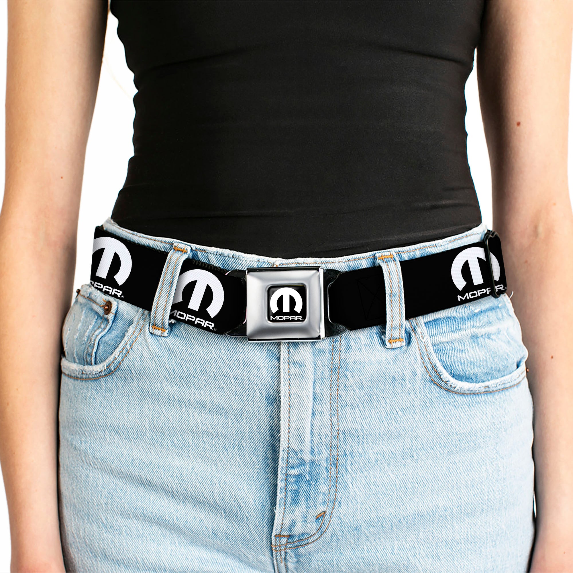 MOPAR Logo Full Color Black/White Seatbelt Belt - MOPAR Logo Repeat Black/White Webbing Seatbelt Belts Mopar