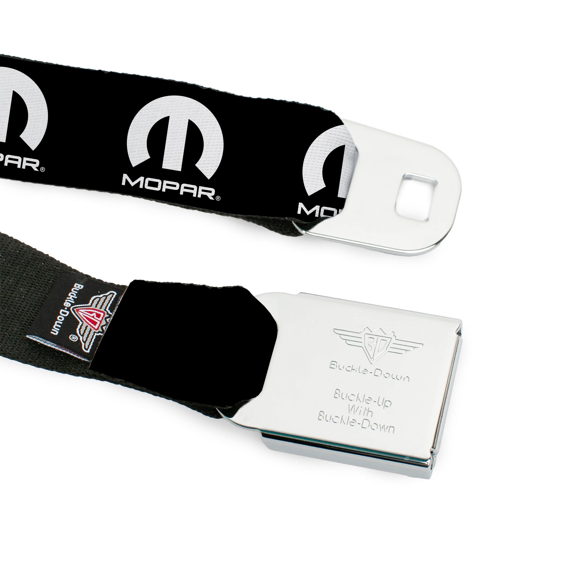 MOPAR Logo Full Color Black/White Seatbelt Belt - MOPAR Logo Repeat Black/White Webbing Seatbelt Belts Mopar