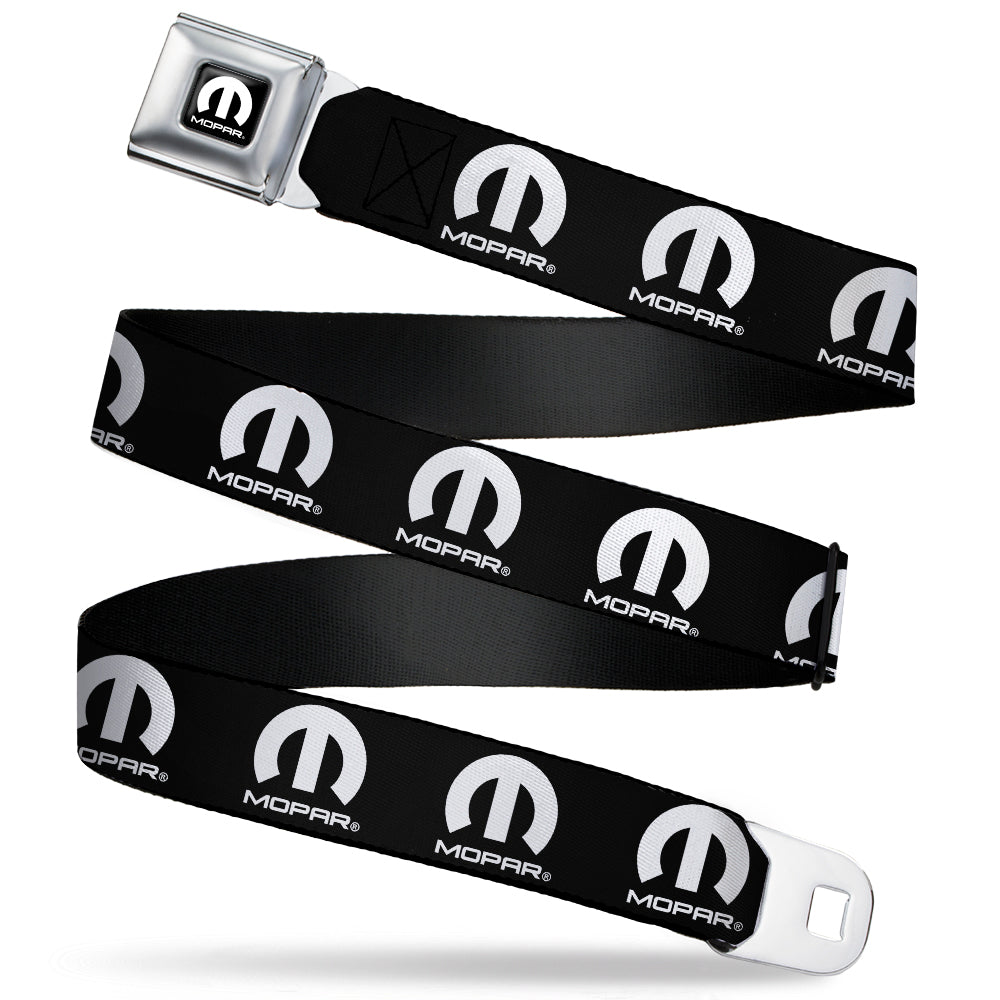 MOPAR Logo Full Color Black/White Seatbelt Belt - MOPAR Logo Repeat Black/White Webbing Seatbelt Belts Mopar