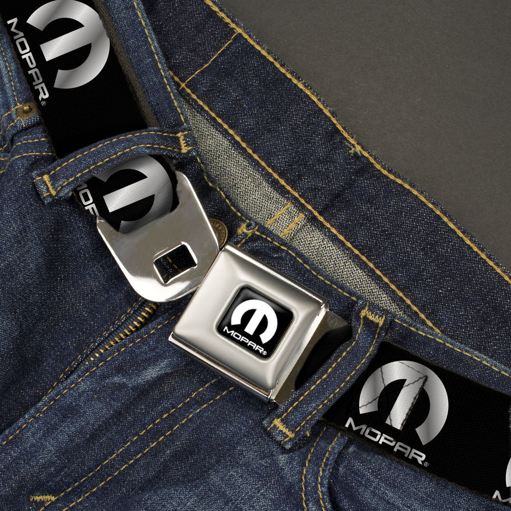 MOPAR Logo Full Color Black/White Seatbelt Belt - MOPAR Logo Repeat Black/Silver Gradient Webbing Seatbelt Belts Mopar