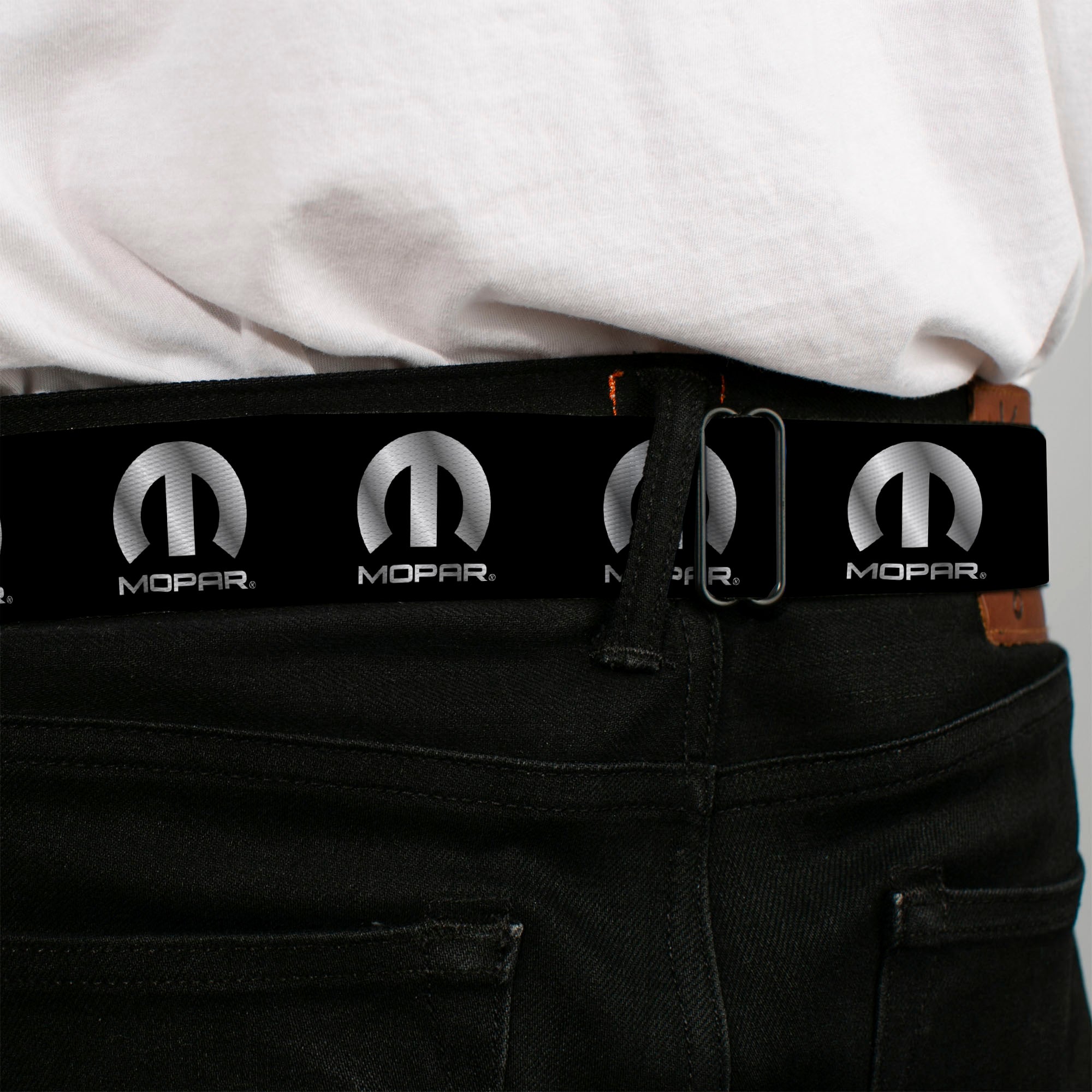 MOPAR Logo Full Color Black/White Seatbelt Belt - MOPAR Logo Repeat Black/Silver Gradient Webbing Seatbelt Belts Mopar