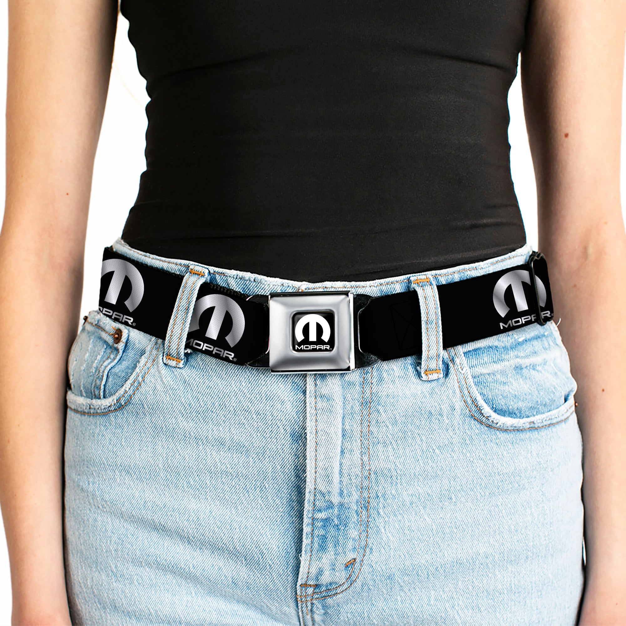 MOPAR Logo Full Color Black/White Seatbelt Belt - MOPAR Logo Repeat Black/Silver Gradient Webbing Seatbelt Belts Mopar