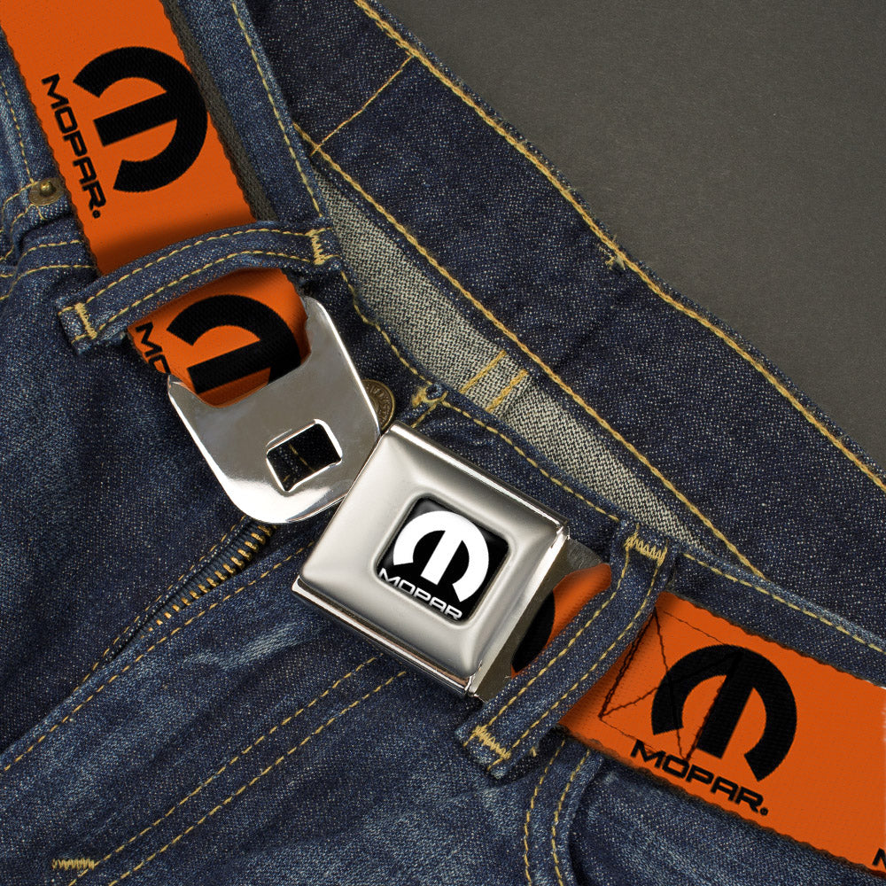 MOPAR Logo Full Color Black/White Seatbelt Belt - MOPAR Logo Repeat Orange/Black Webbing Seatbelt Belts Mopar
