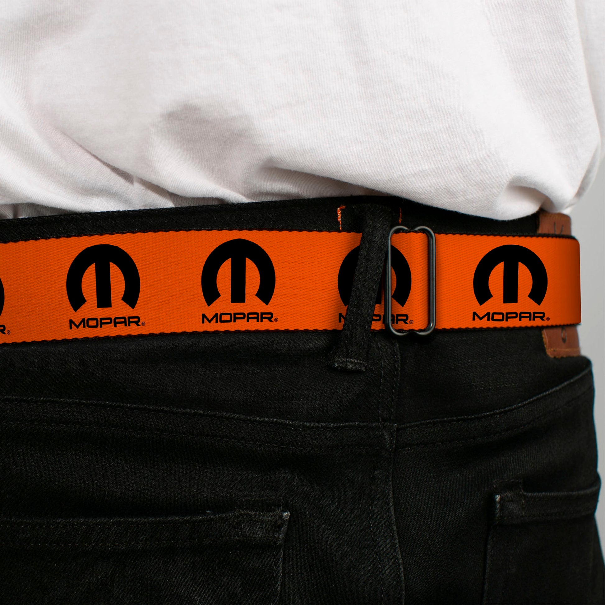 MOPAR Logo Full Color Black/White Seatbelt Belt - MOPAR Logo Repeat Orange/Black Webbing Seatbelt Belts Mopar