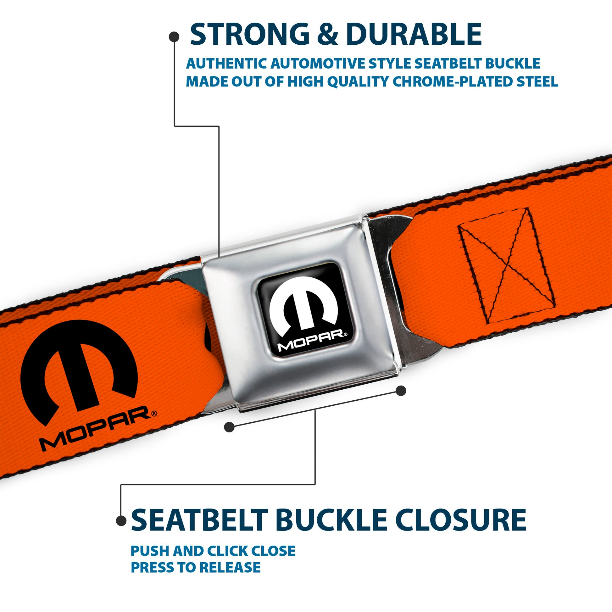 MOPAR Logo Full Color Black/White Seatbelt Belt - MOPAR Logo Repeat Orange/Black Webbing Seatbelt Belts Mopar
