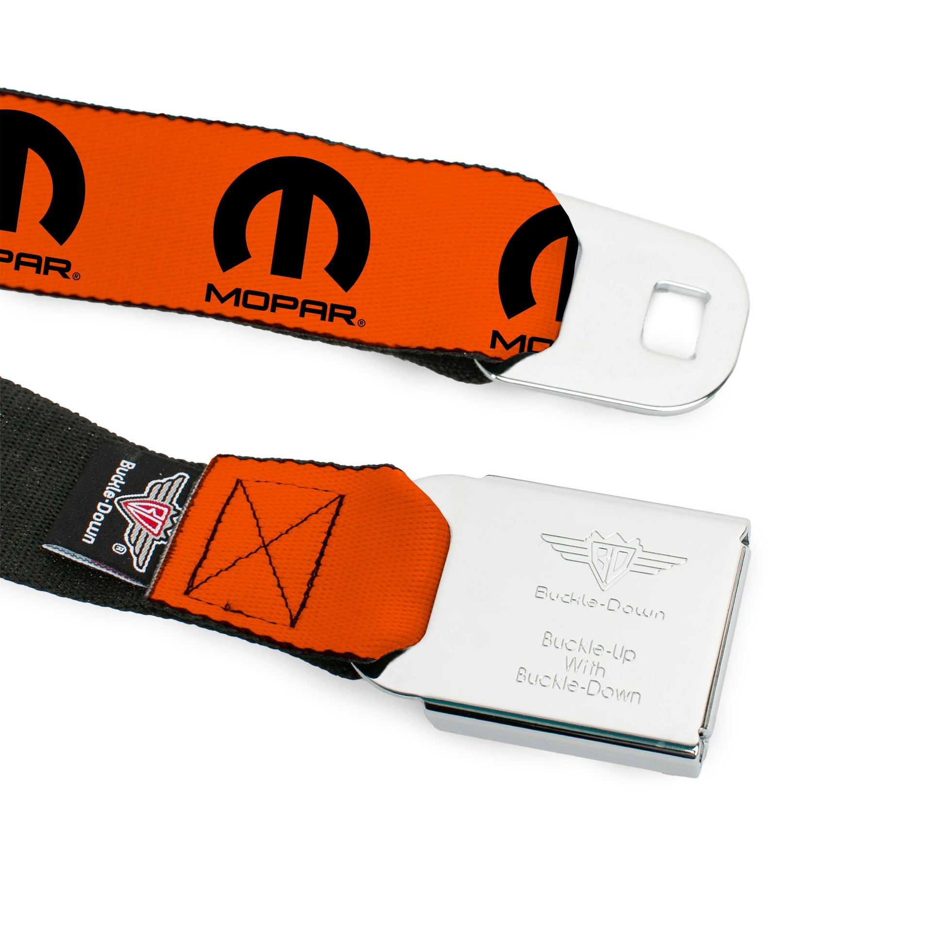 MOPAR Logo Full Color Black/White Seatbelt Belt - MOPAR Logo Repeat Orange/Black Webbing Seatbelt Belts Mopar