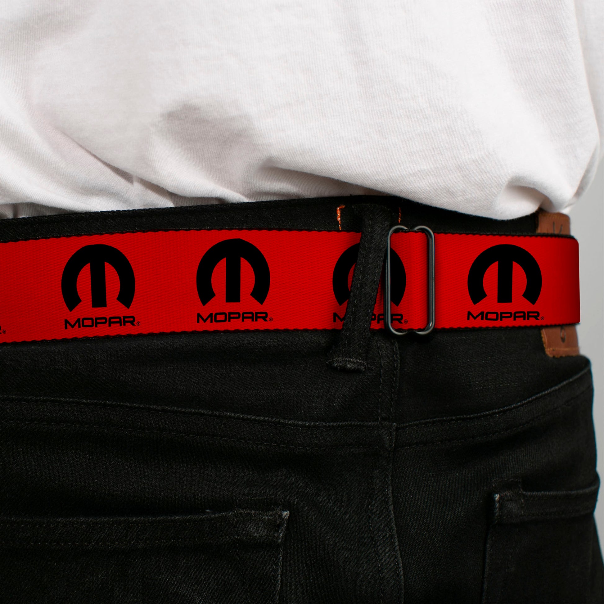 MOPAR Logo Full Color Black/White Seatbelt Belt - MOPAR Logo Repeat Red/Black Webbing Seatbelt Belts Mopar