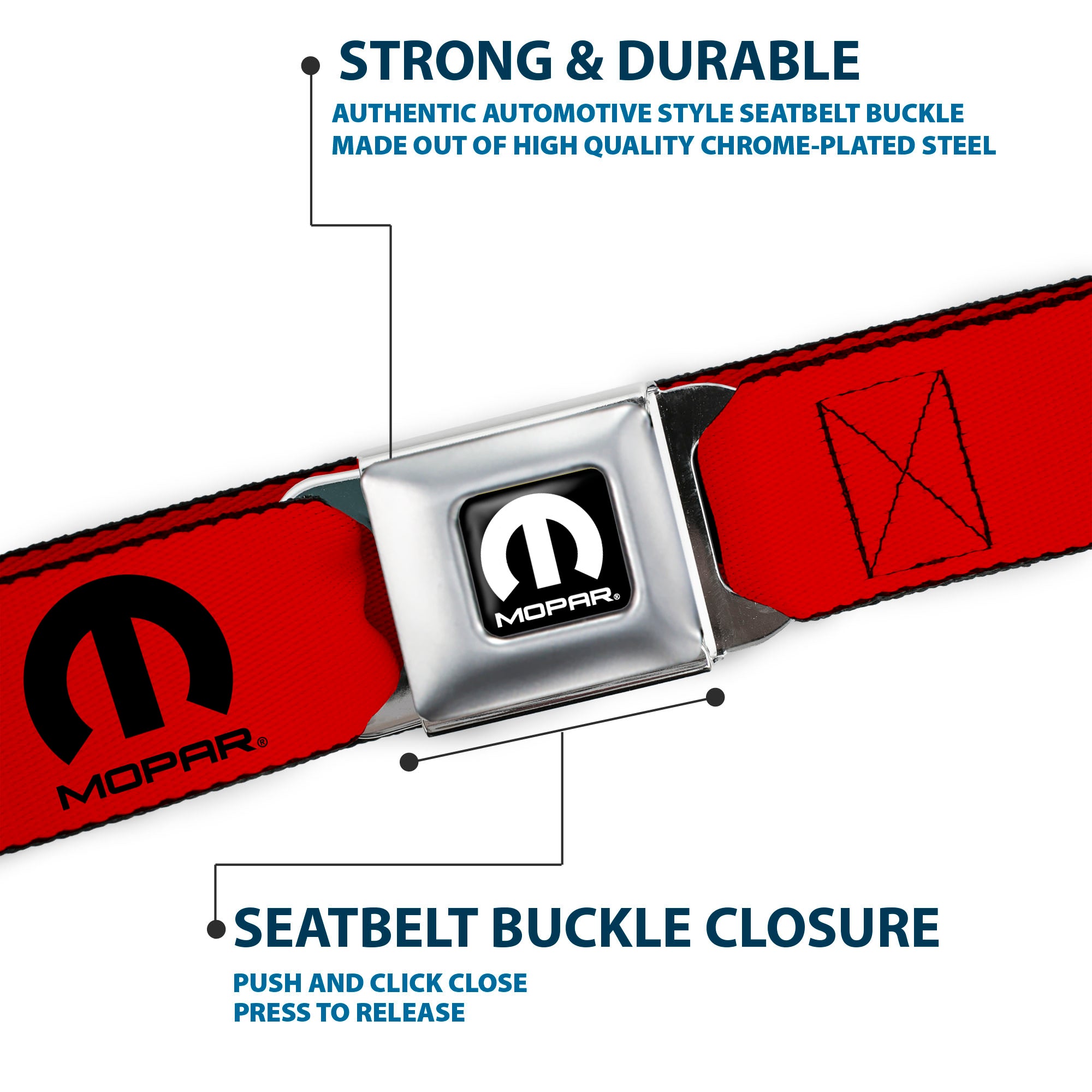 MOPAR Logo Full Color Black/White Seatbelt Belt - MOPAR Logo Repeat Red/Black Webbing Seatbelt Belts Mopar