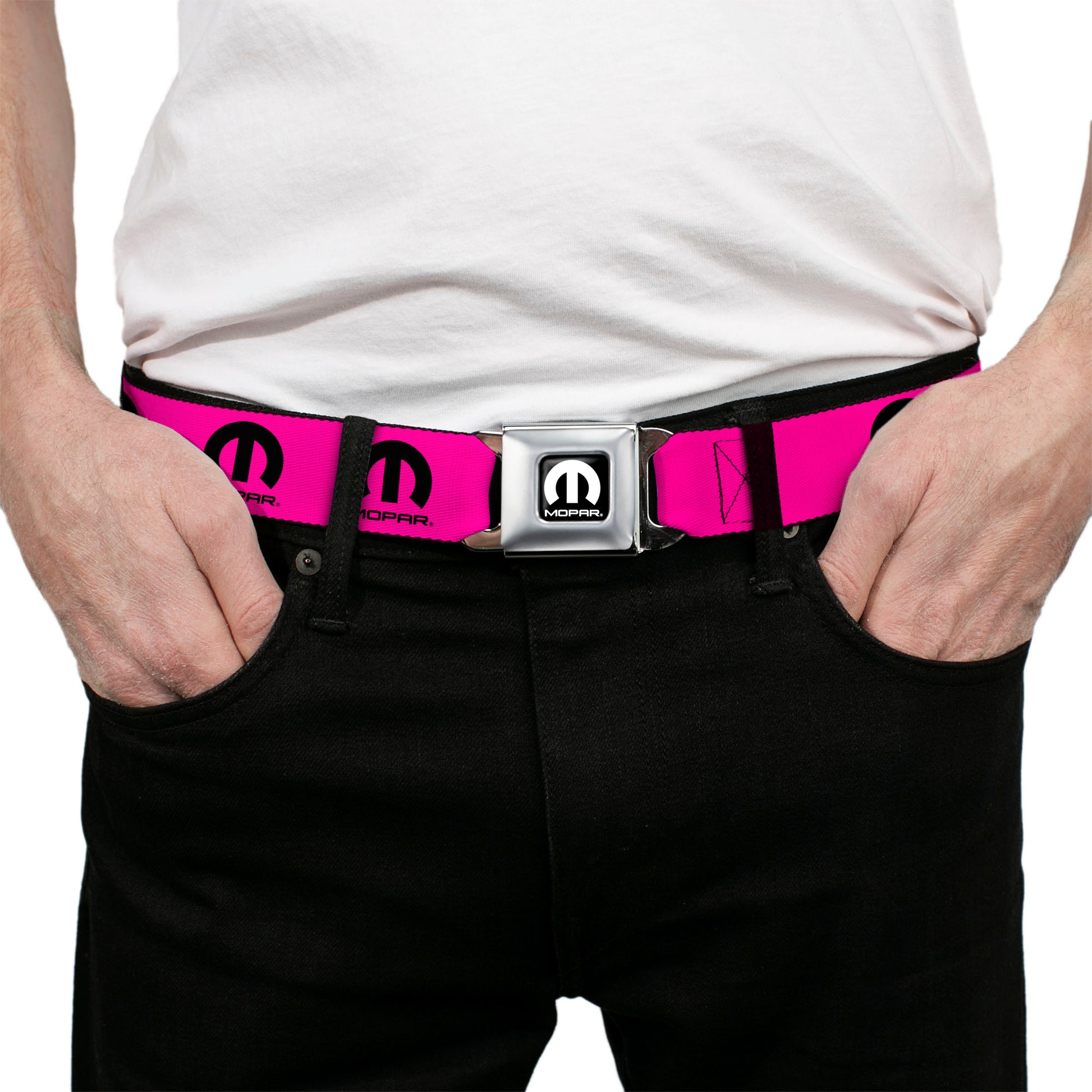 MOPAR Logo Full Color Black/White Seatbelt Belt - MOPAR Logo Repeat Hot Pink/Black Webbing Seatbelt Belts Mopar