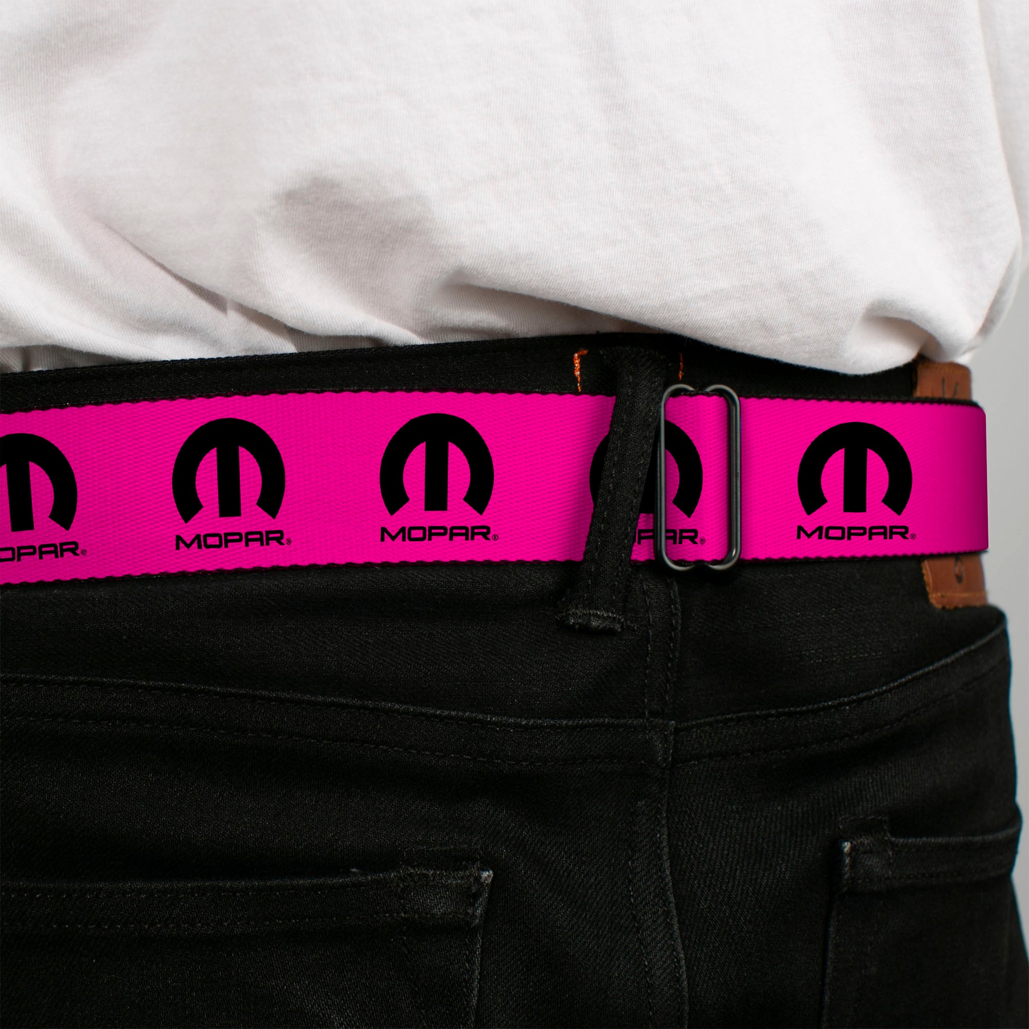 MOPAR Logo Full Color Black/White Seatbelt Belt - MOPAR Logo Repeat Hot Pink/Black Webbing Seatbelt Belts Mopar