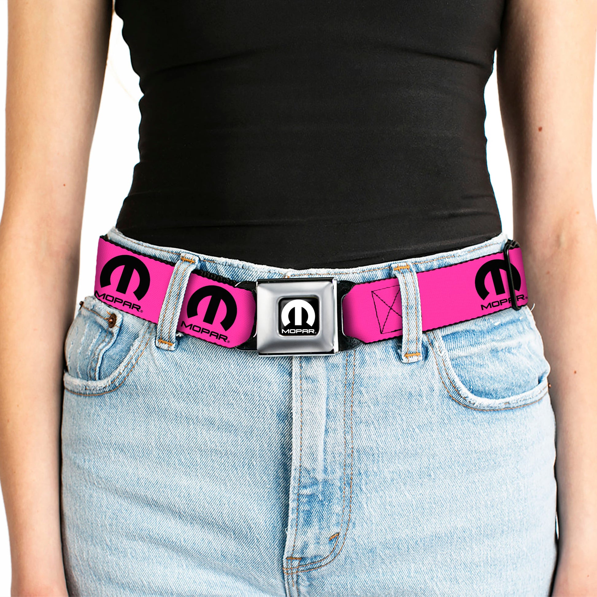 MOPAR Logo Full Color Black/White Seatbelt Belt - MOPAR Logo Repeat Hot Pink/Black Webbing Seatbelt Belts Mopar