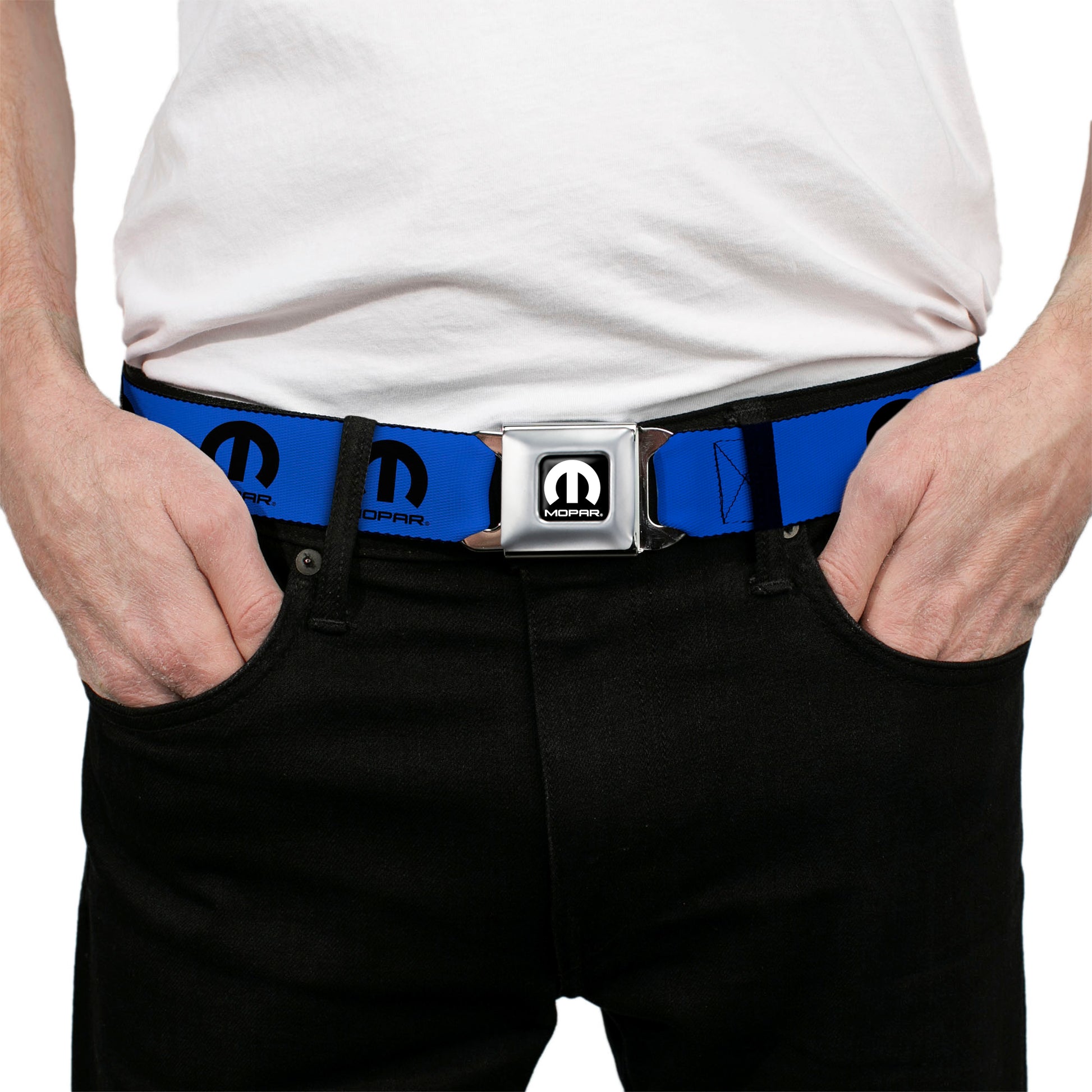 MOPAR Logo Full Color Black/White Seatbelt Belt - MOPAR Logo Repeat Blue/Black Webbing Seatbelt Belts Mopar