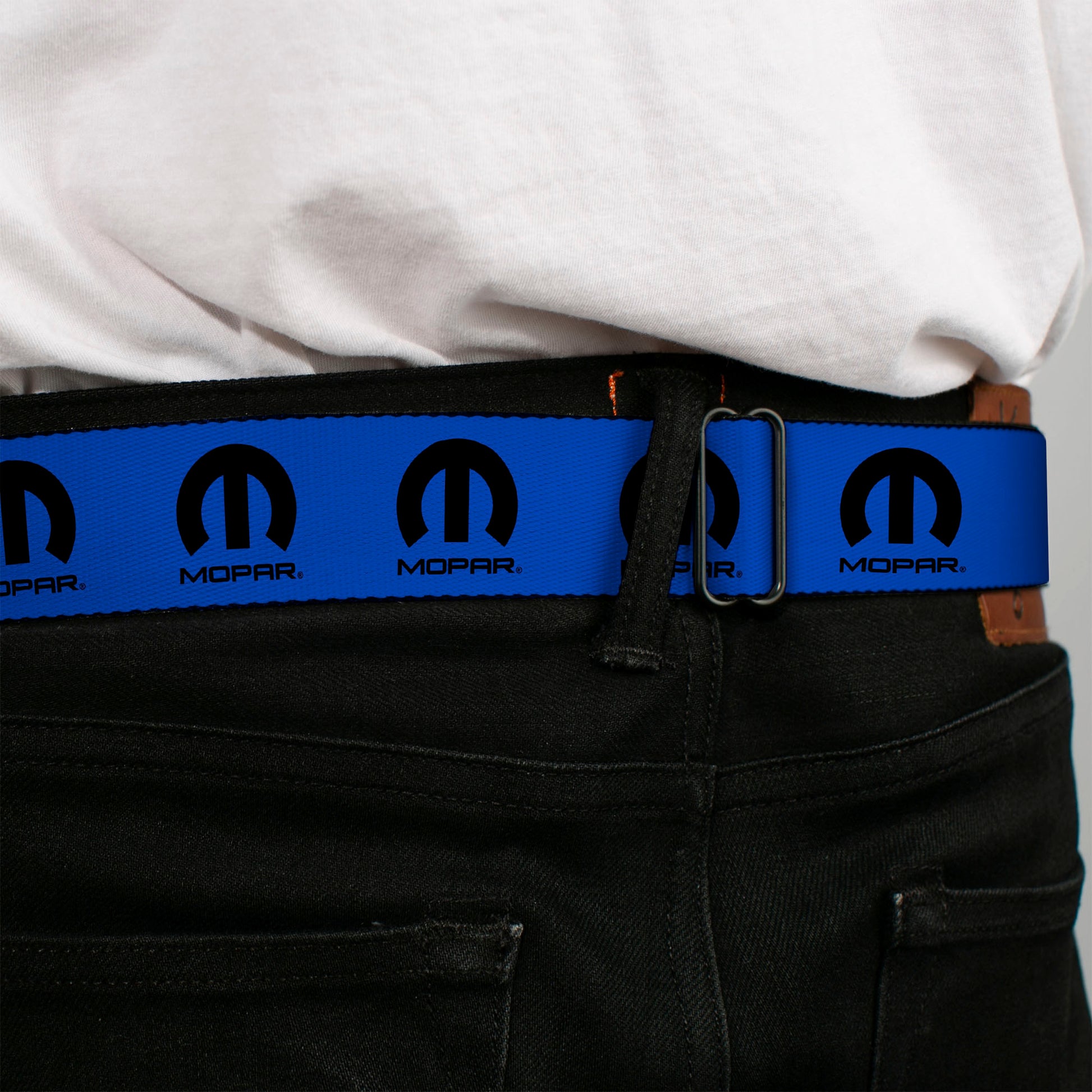 MOPAR Logo Full Color Black/White Seatbelt Belt - MOPAR Logo Repeat Blue/Black Webbing Seatbelt Belts Mopar