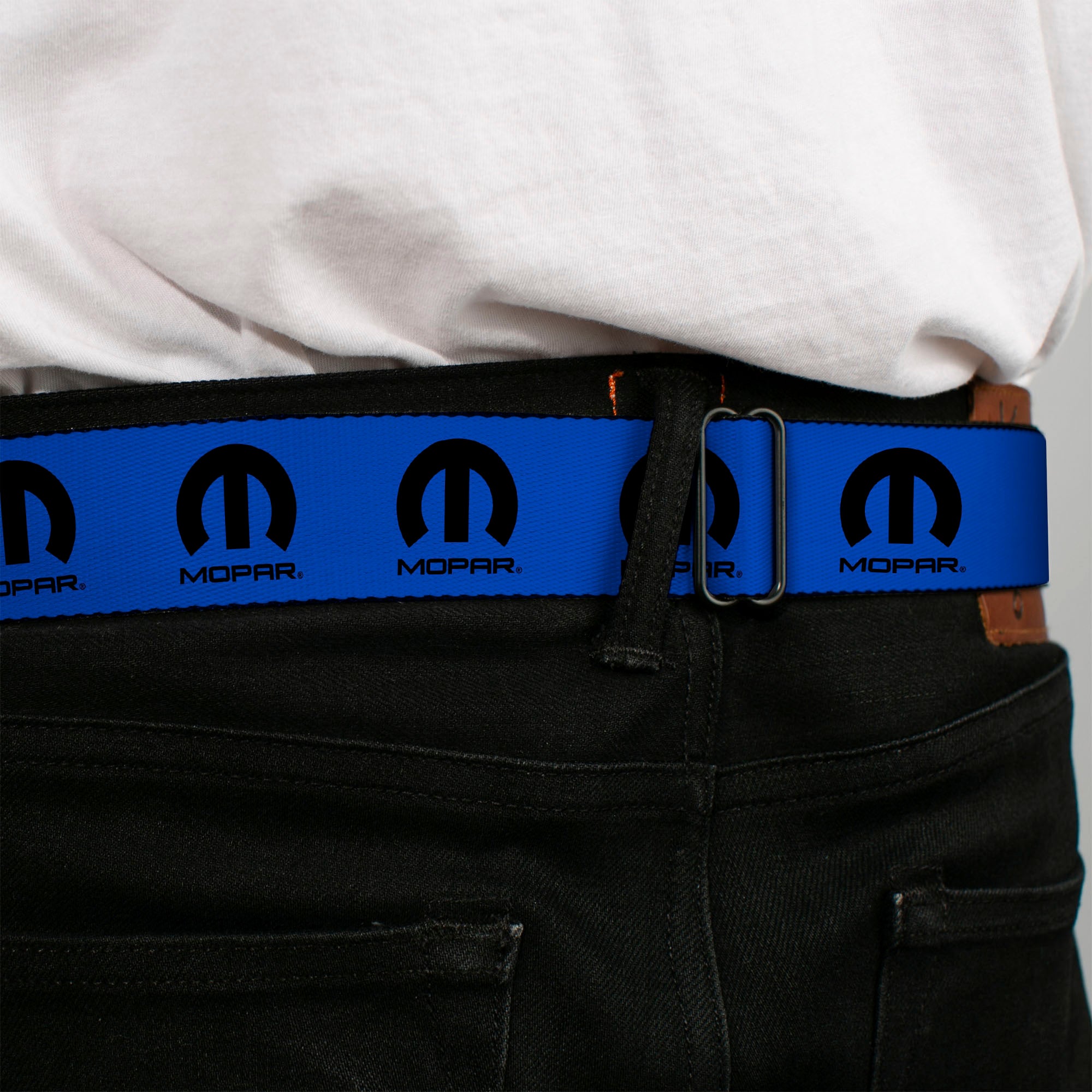 MOPAR Logo Full Color Black/White Seatbelt Belt - MOPAR Logo Repeat Blue/Black Webbing Seatbelt Belts Mopar