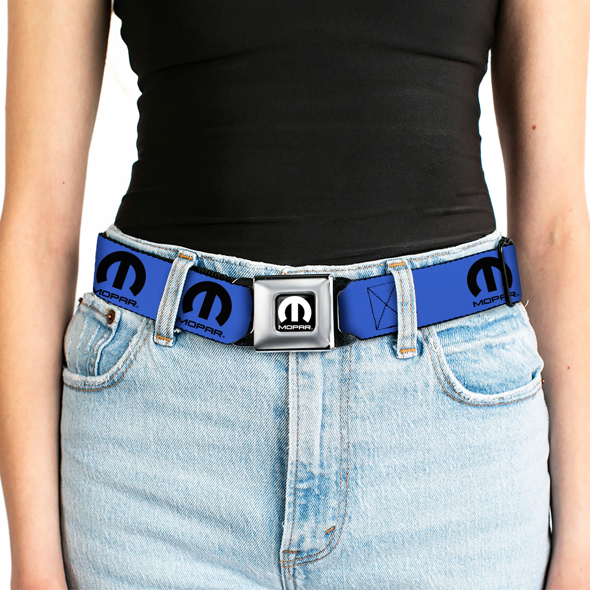 MOPAR Logo Full Color Black/White Seatbelt Belt - MOPAR Logo Repeat Blue/Black Webbing Seatbelt Belts Mopar
