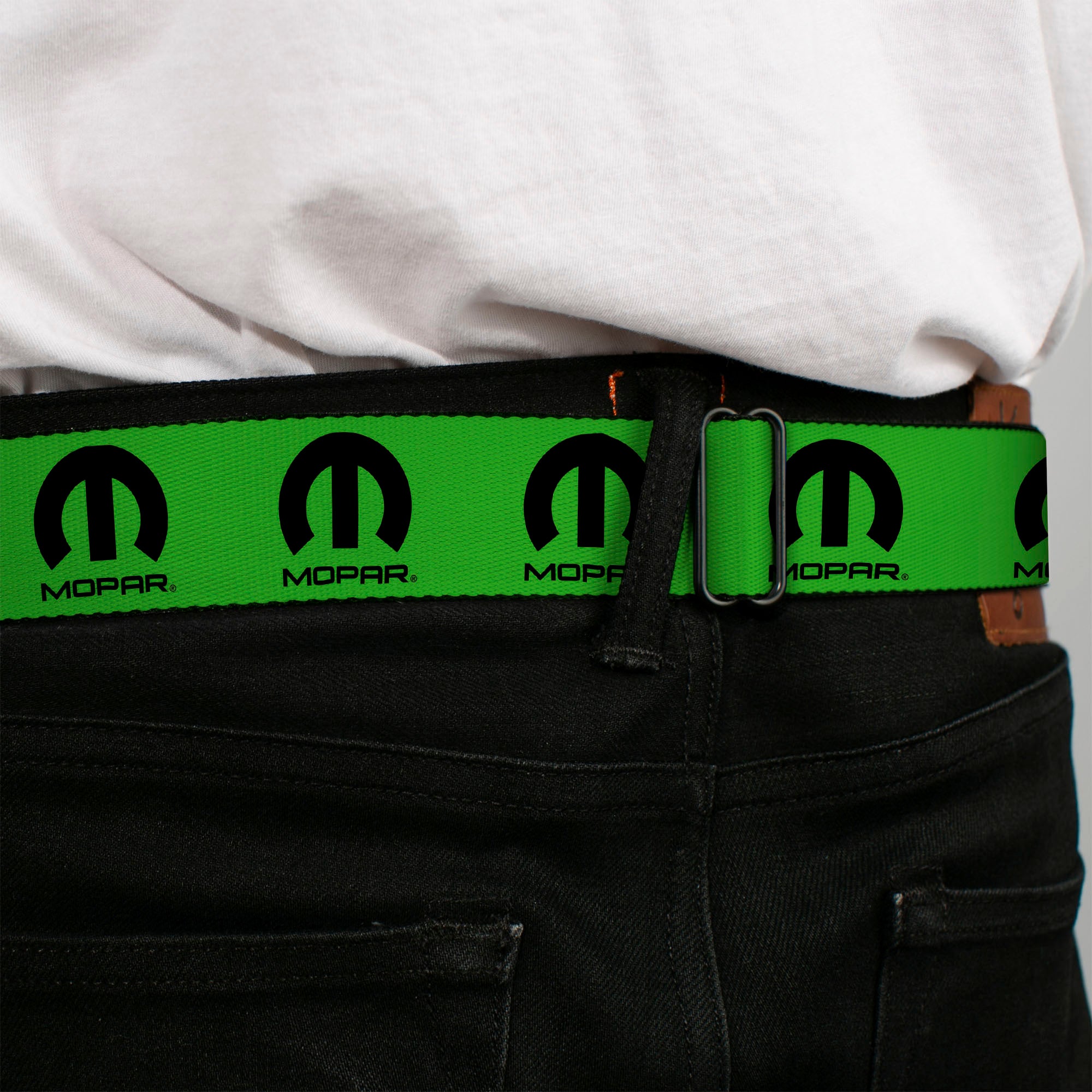 MOPAR Logo Full Color Black/White Seatbelt Belt - MOPAR Logo Repeat Green/Black Webbing Seatbelt Belts Mopar