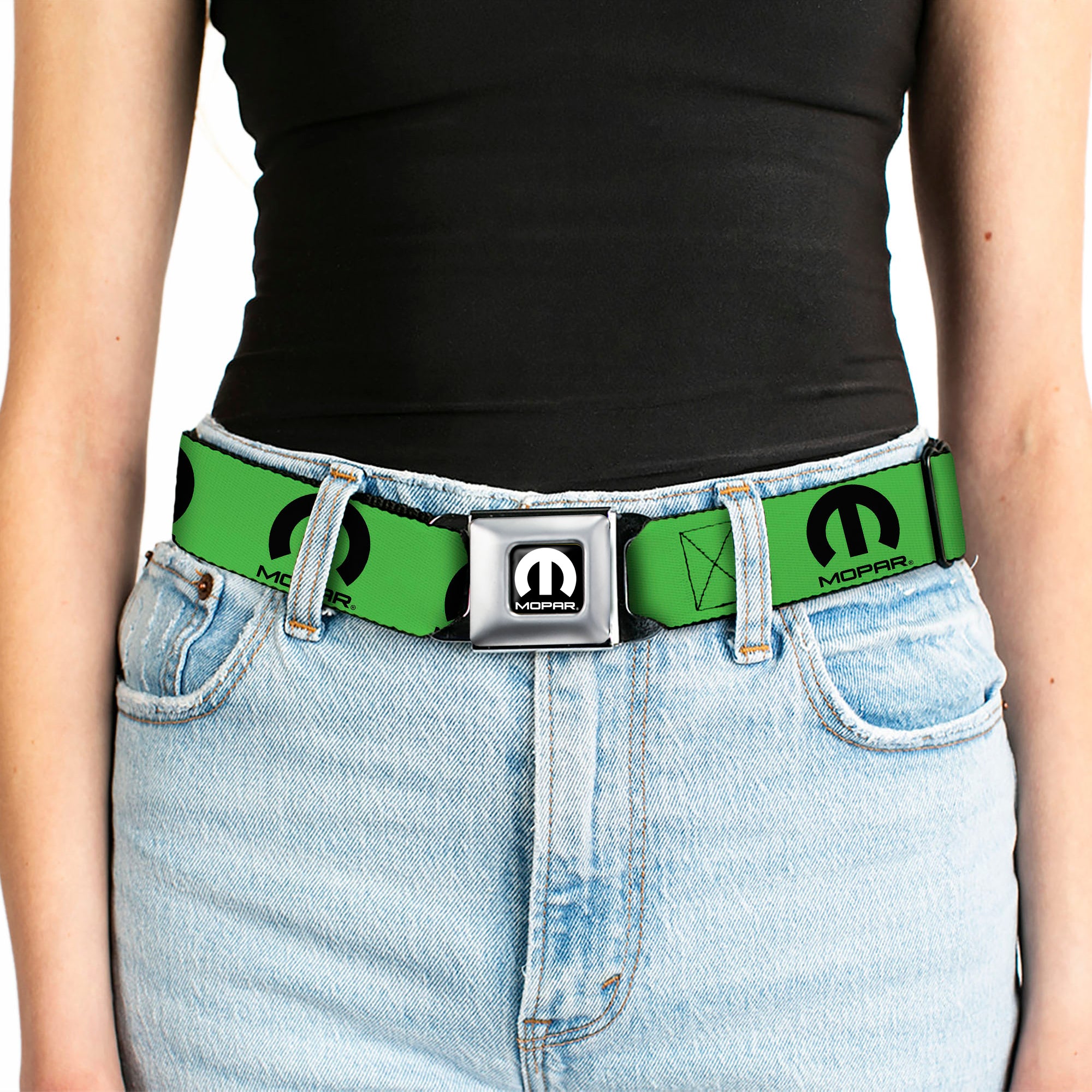 MOPAR Logo Full Color Black/White Seatbelt Belt - MOPAR Logo Repeat Green/Black Webbing Seatbelt Belts Mopar