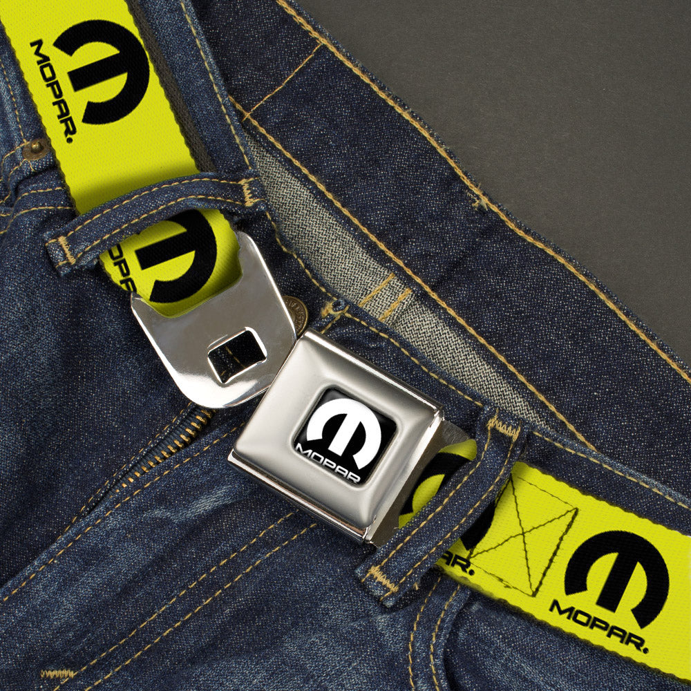 MOPAR Logo Full Color Black/White Seatbelt Belt - MOPAR Logo Repeat Yellow/Black Webbing Seatbelt Belts Mopar